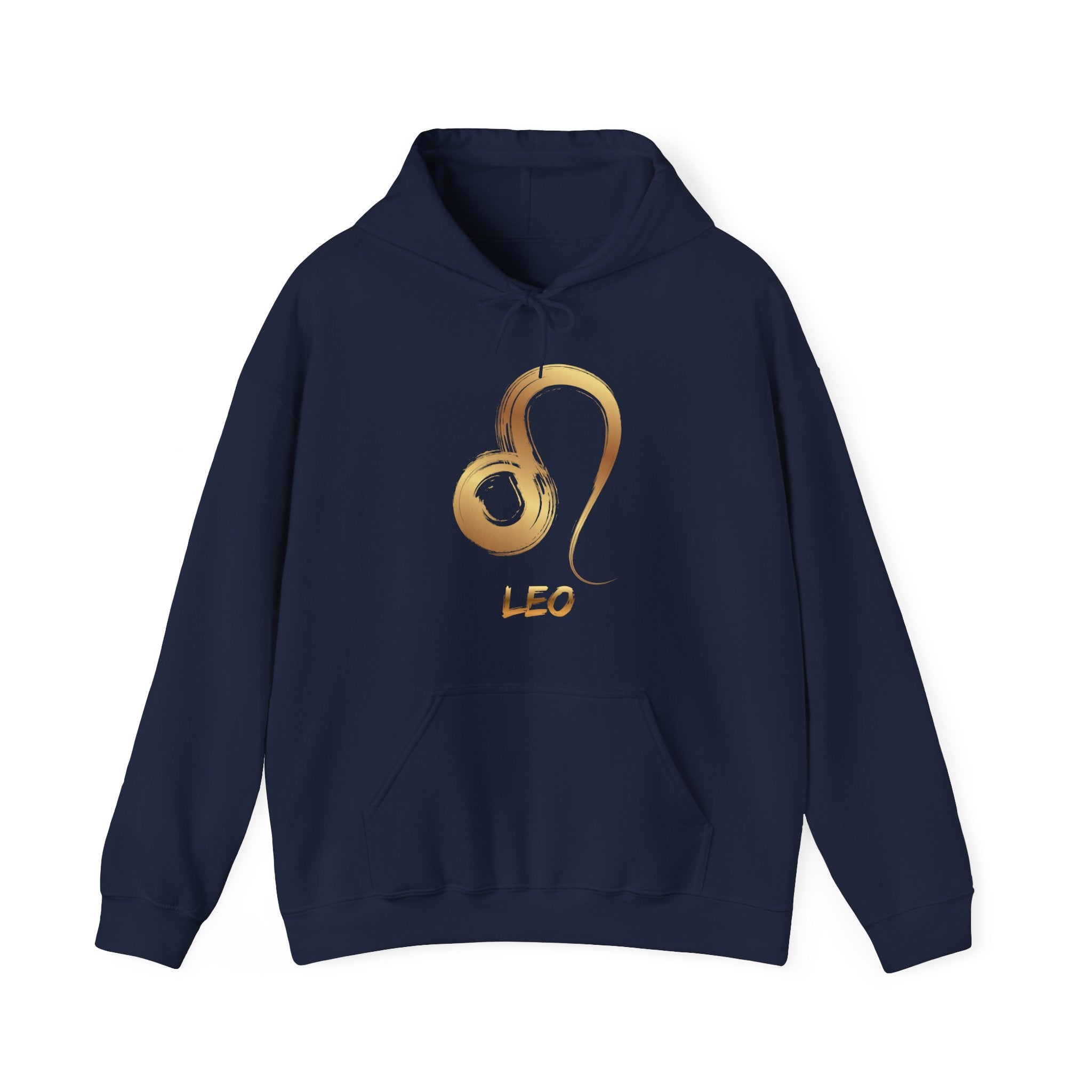 Navy blue hoodie with gold Leo zodiac symbol on a white background