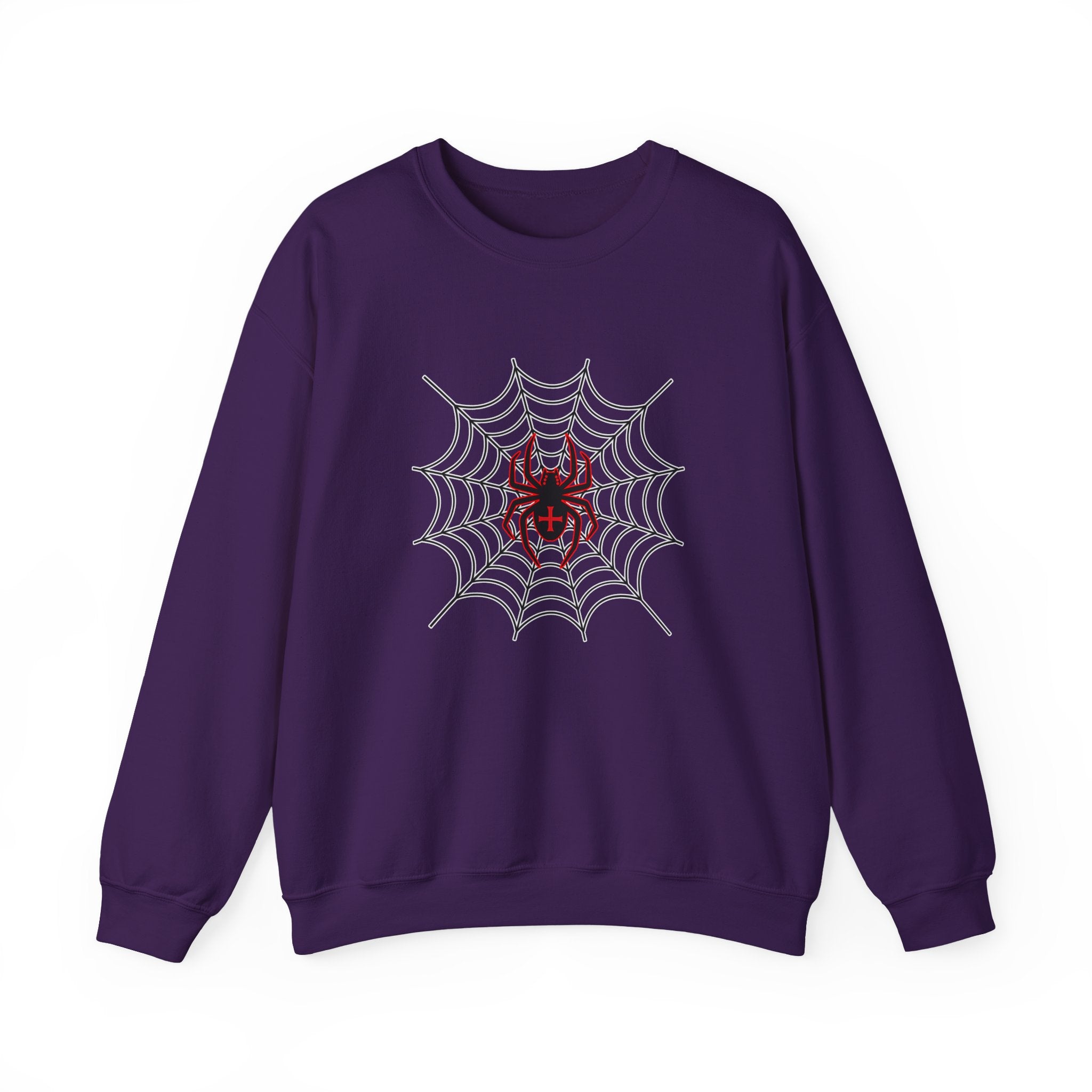 Purple sweatshirt with spider web and spider design on a white background