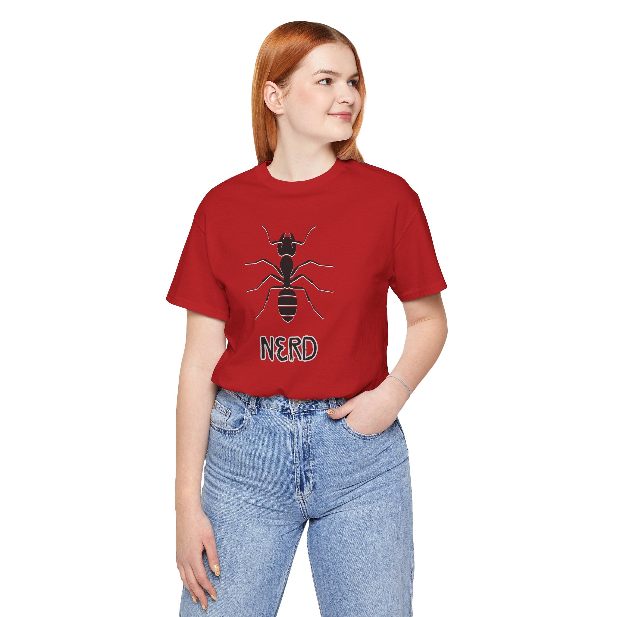 Person wearing a red t-shirt with an ant graphic and 'NERD' text on a white background