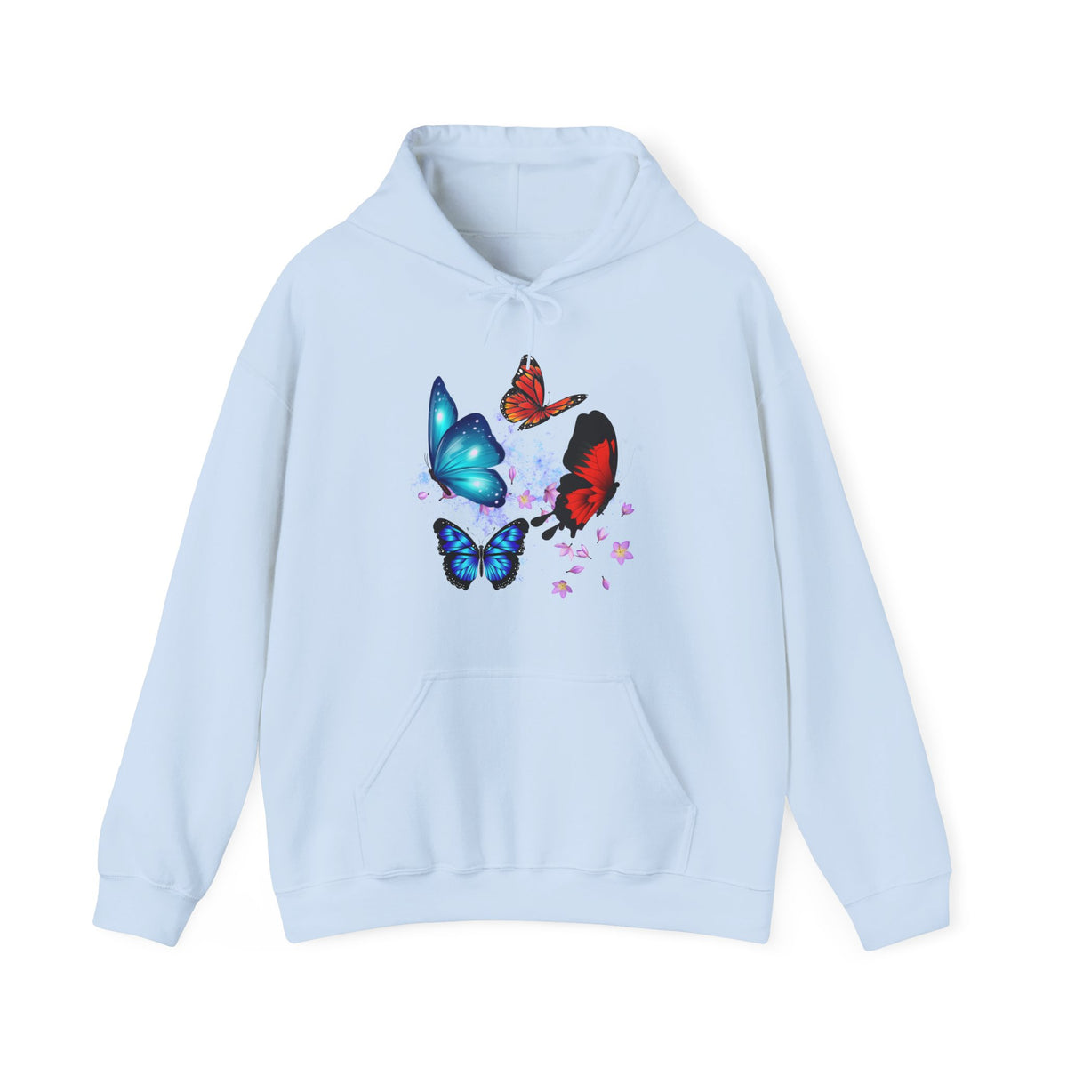 Light blue hoodie with colorful butterfly design on a white background