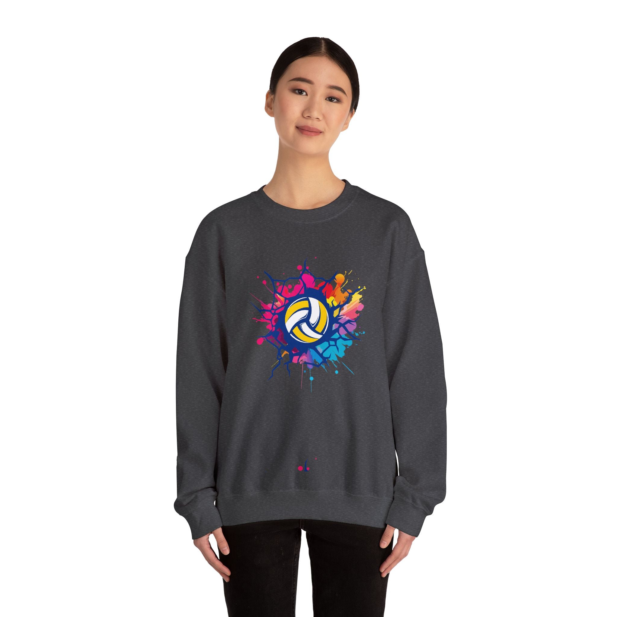 Person wearing a dark gray sweatshirt with a colorful volleyball design on a white background
