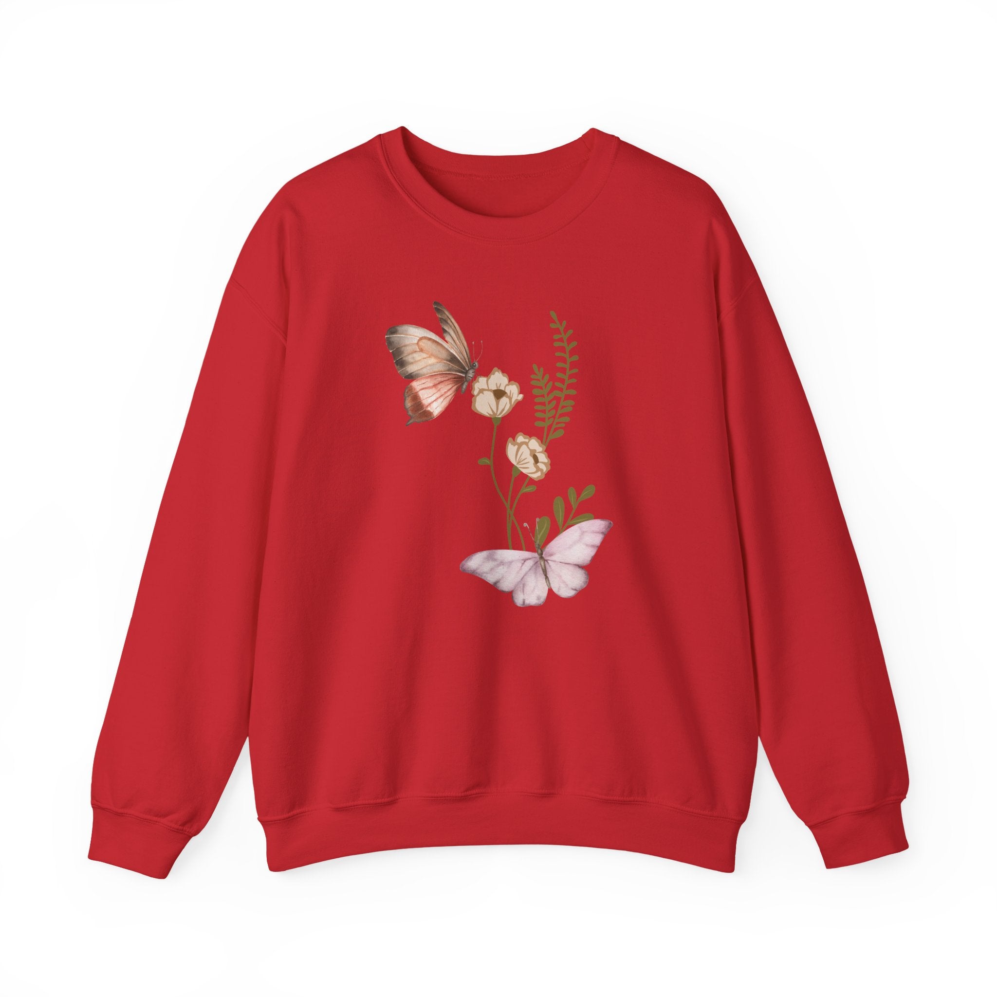 Red sweatshirt with butterfly and floral design on a white background