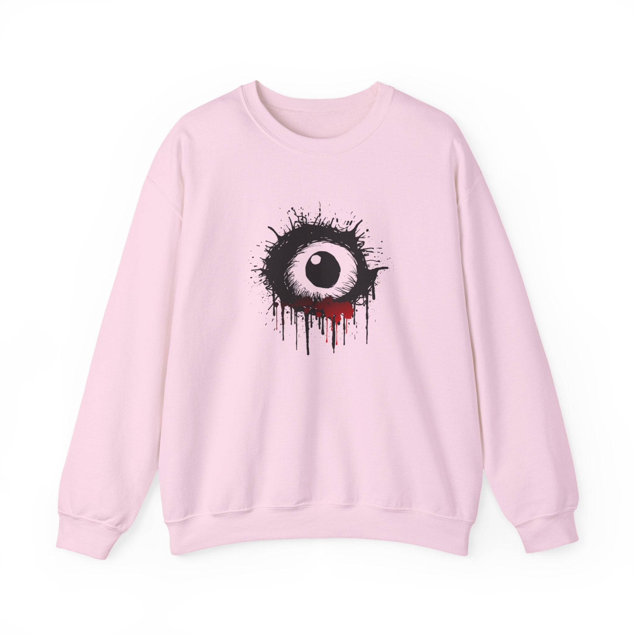 Pink sweatshirt with a black and white eye design on a white background
