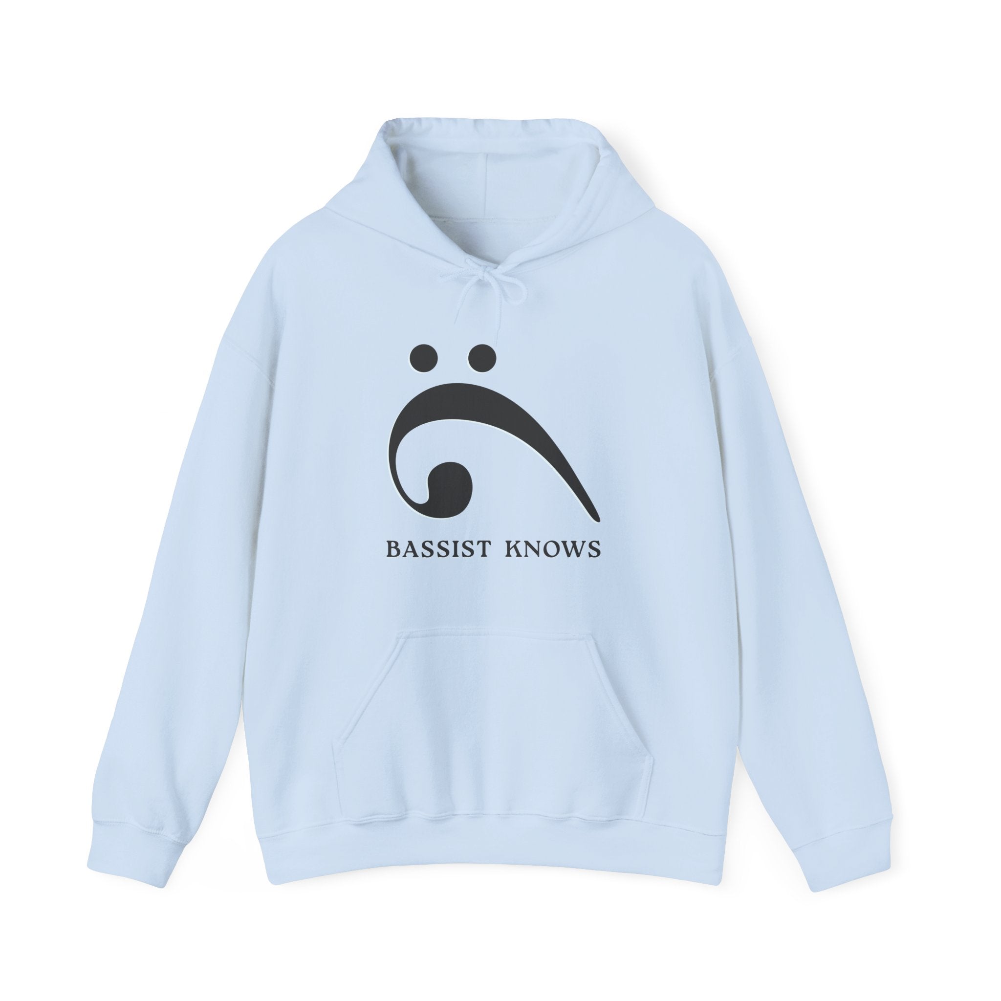 Light blue hoodie with a black bass clef graphic and "Bassist Knows" text on a white background