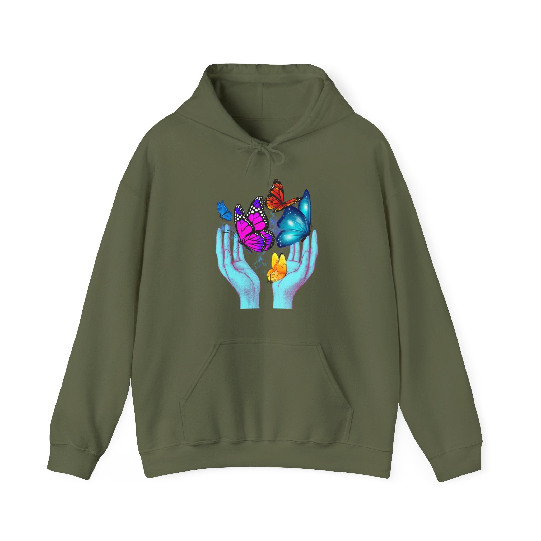 Military green hoodie with a butterfly and hand design on a white background