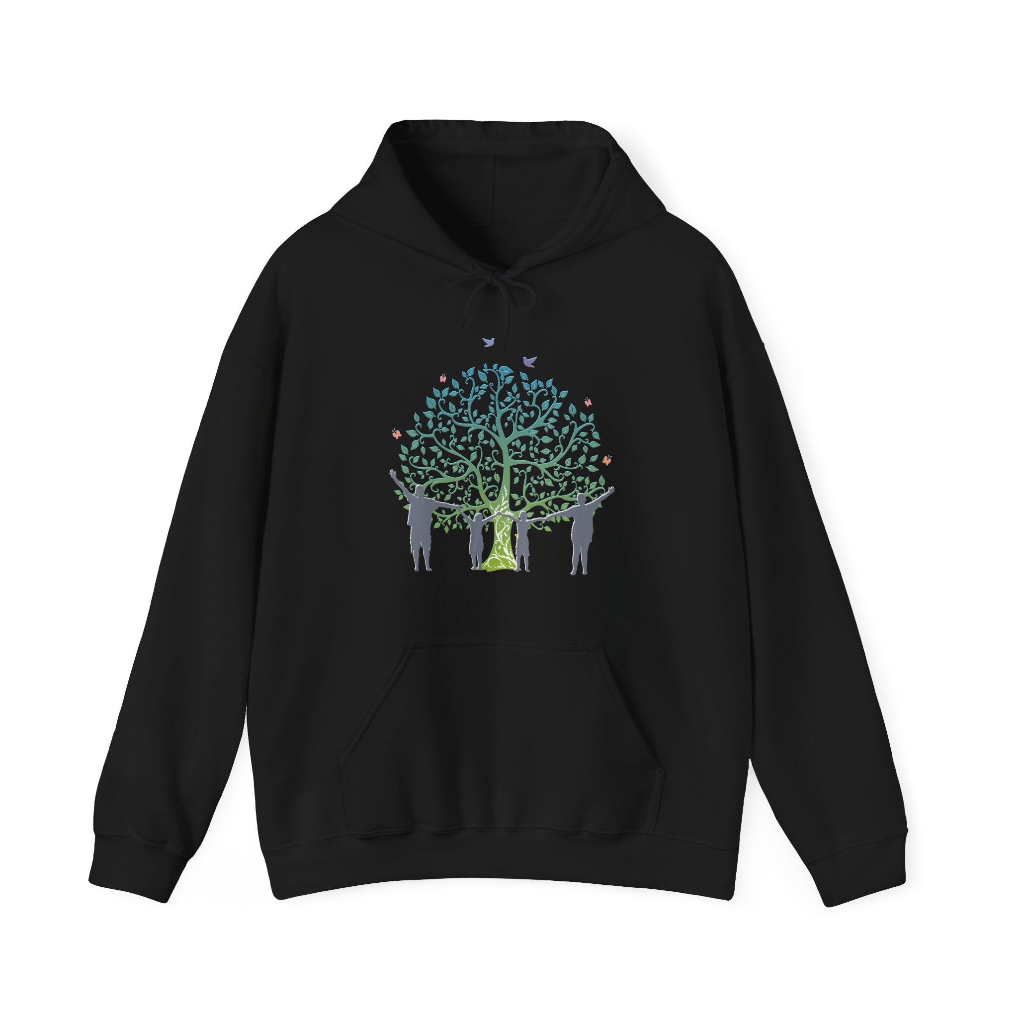 Black hoodie with a tree and human design on a white background