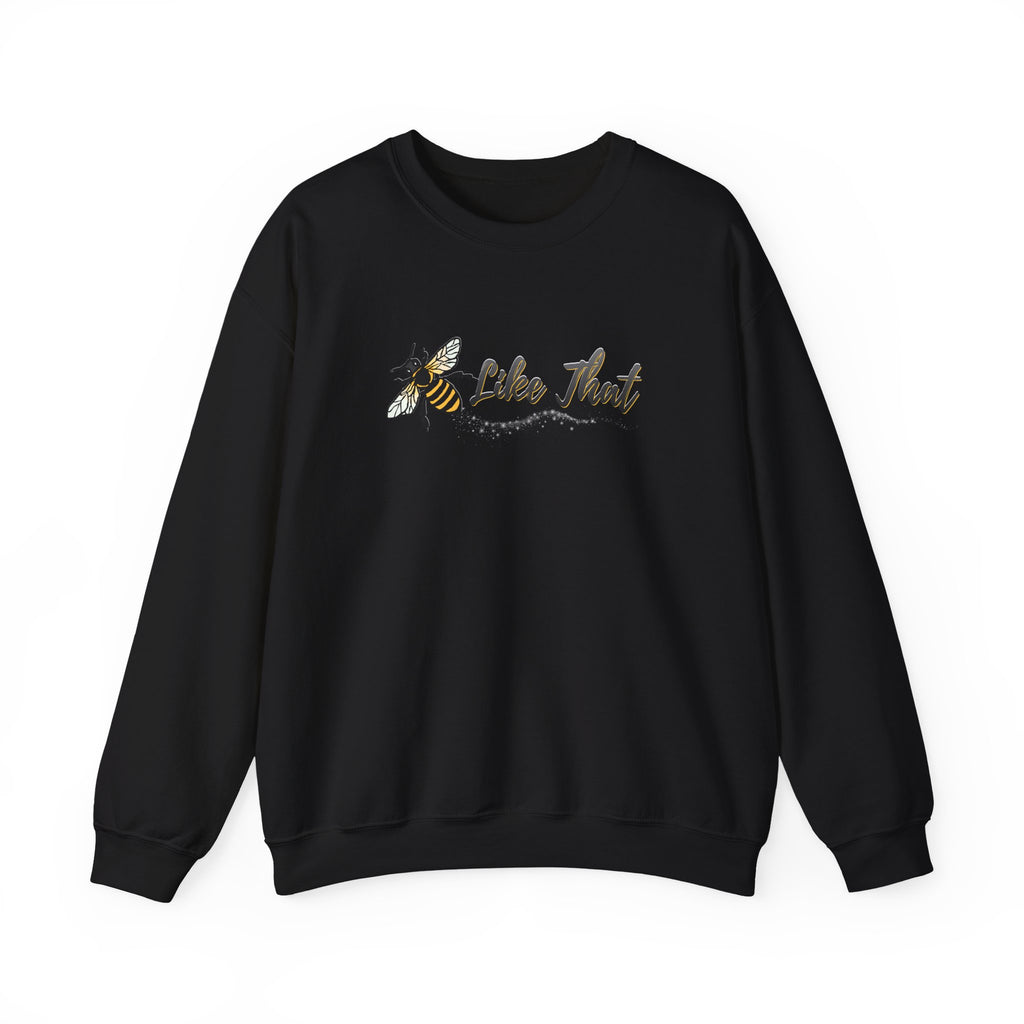Green sweatshirt with a bee and "Like That" text on a white background