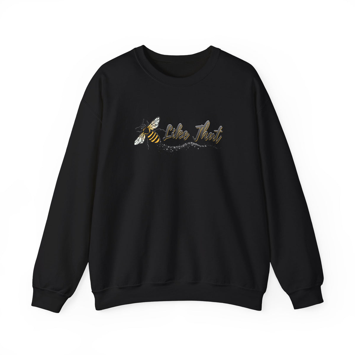 Green sweatshirt with a bee and "Like That" text on a white background