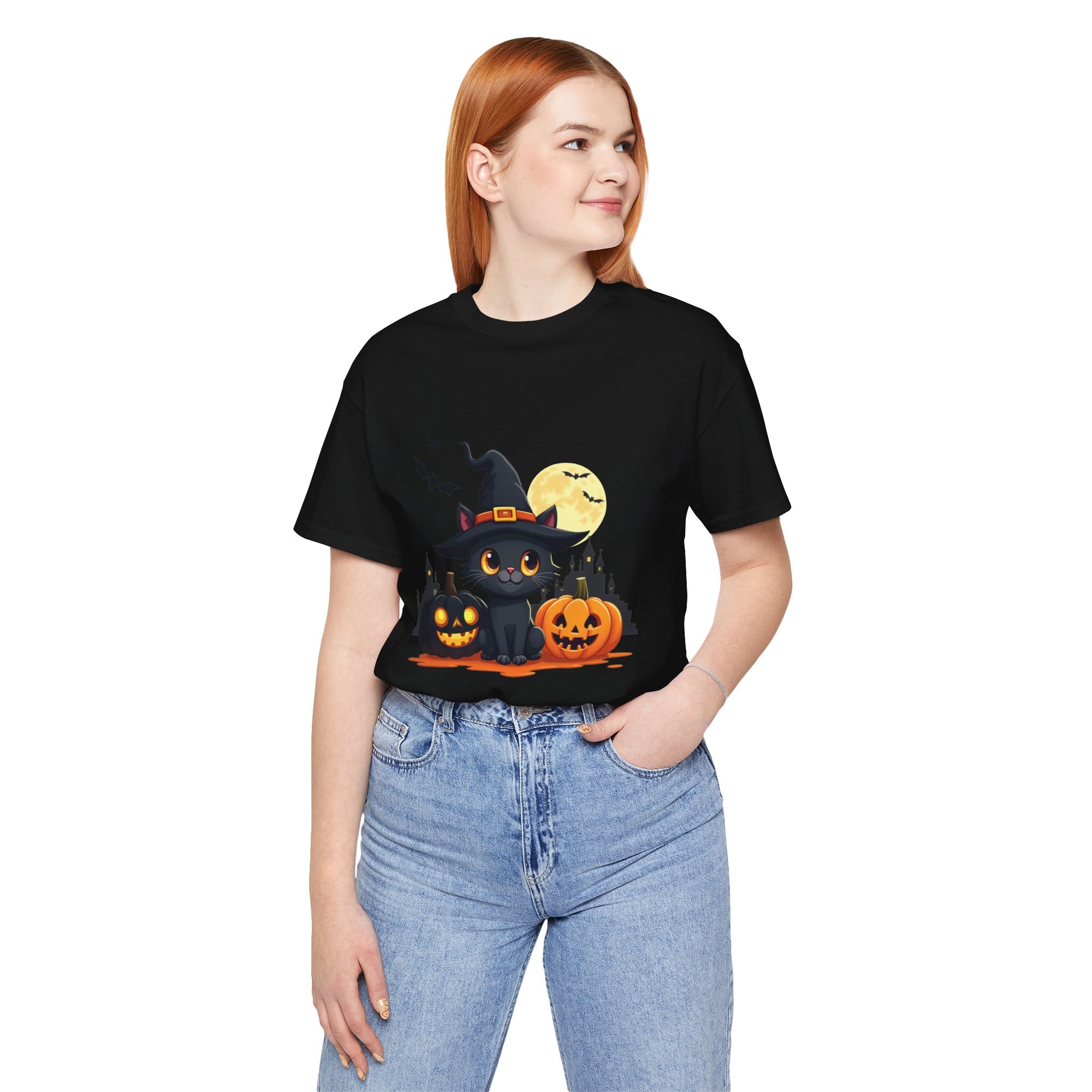 Halloween Cat with Black and Orange Pumpkins T-shirt for Men and Women