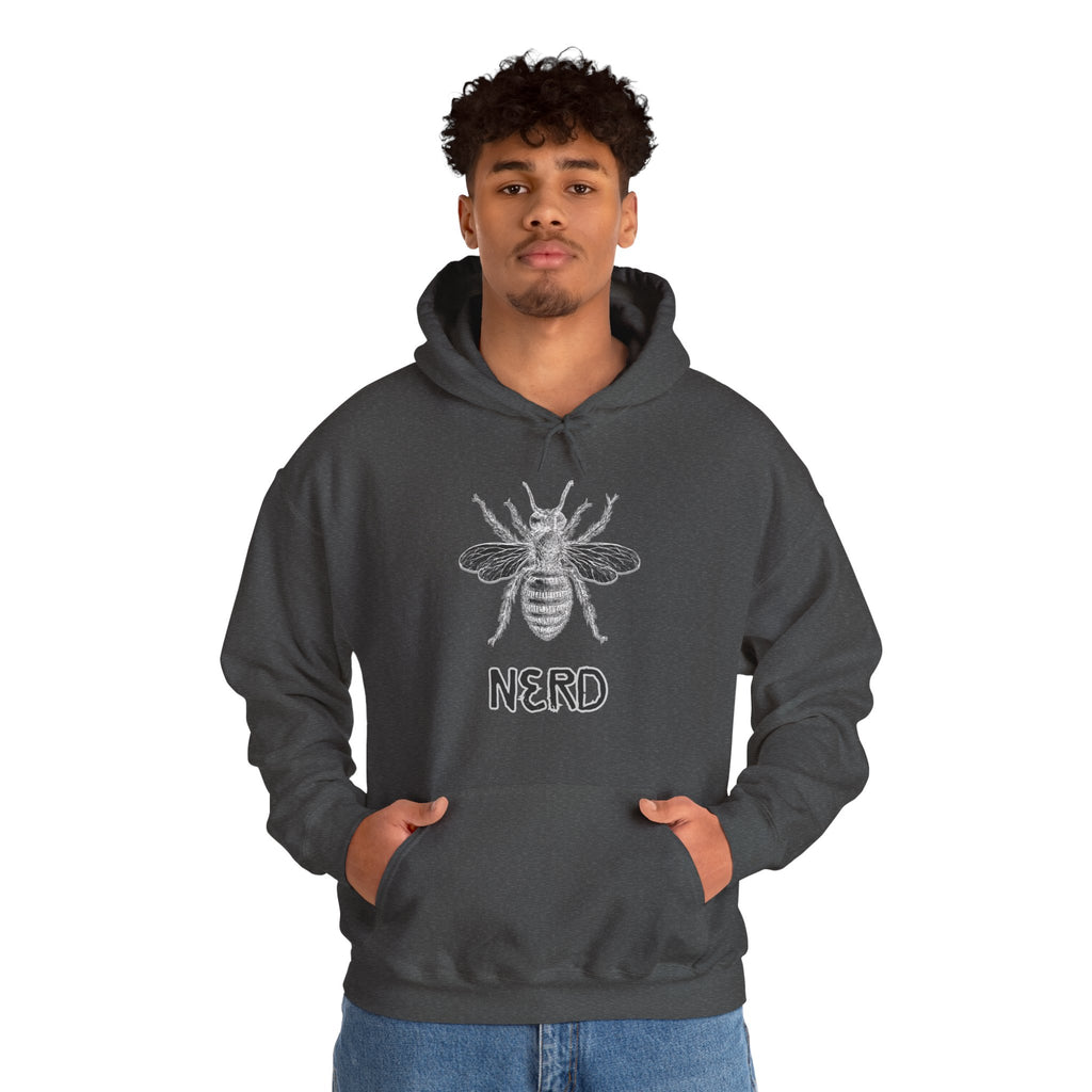 Man wearing dark gray hoodie with bee and  'Nerd' text on a white background