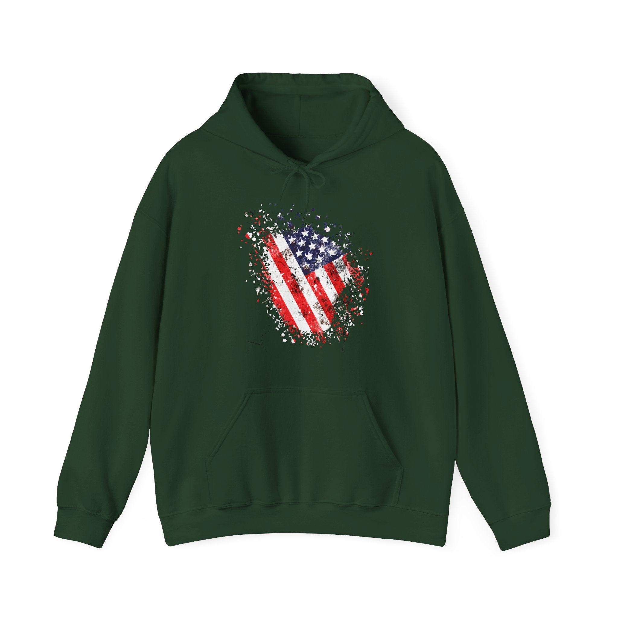 Green hoodie with vintage American flag design on a white background