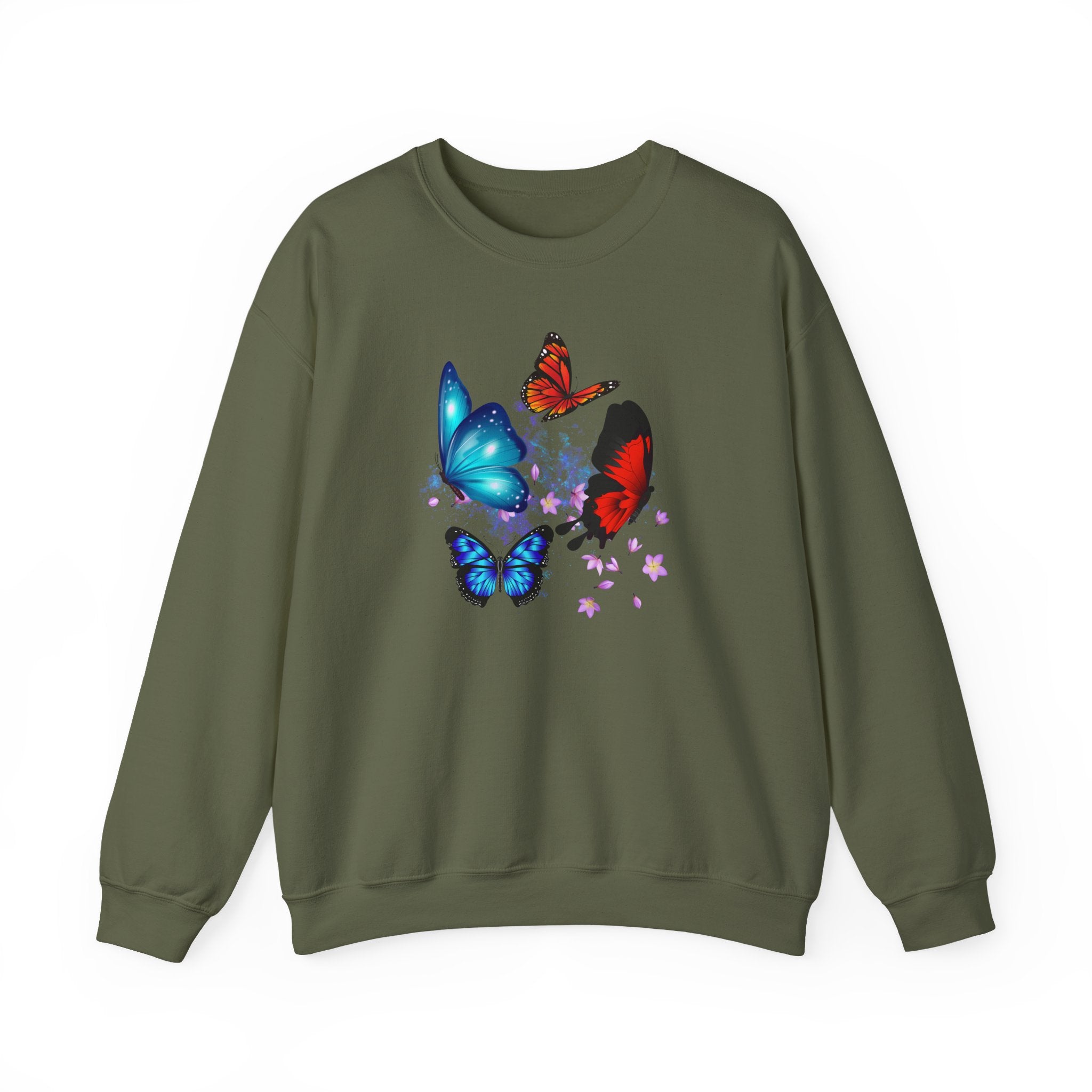 Green sweatshirt with butterfly design on a white background