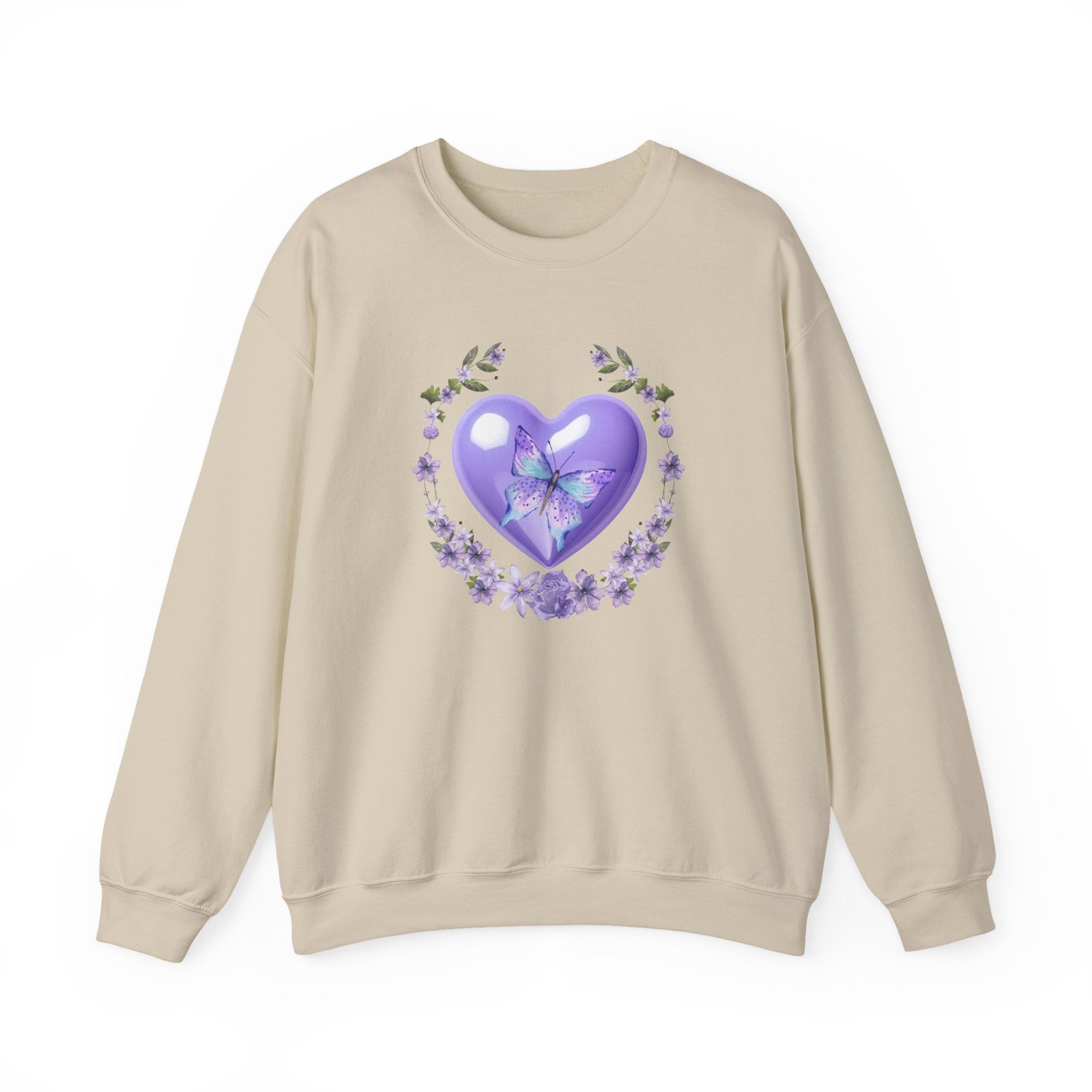 Beige sweatshirt with a purple heart and butterfly design on a white background