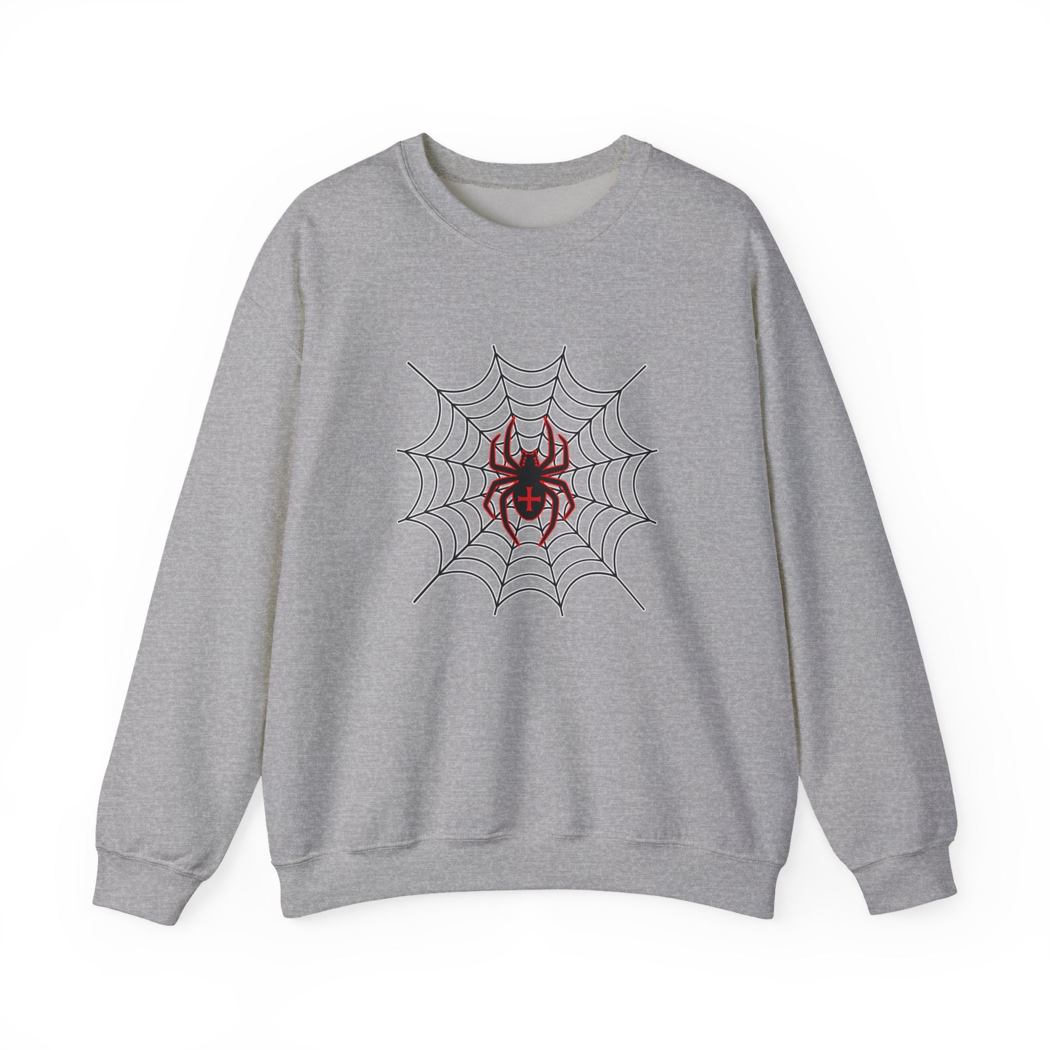 Gray sweatshirt with a spider and web design on a white background