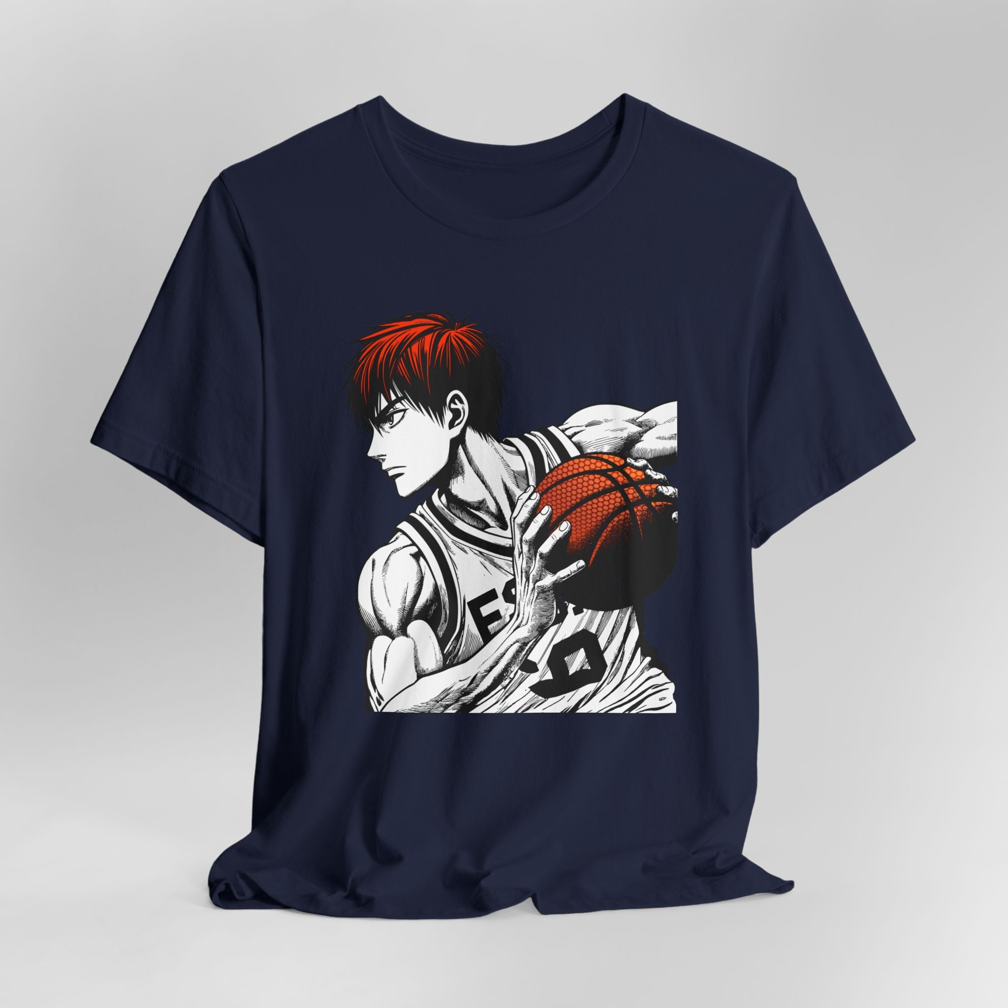 Navy blue t-shirt with a graphic of a basketball player on a gray background