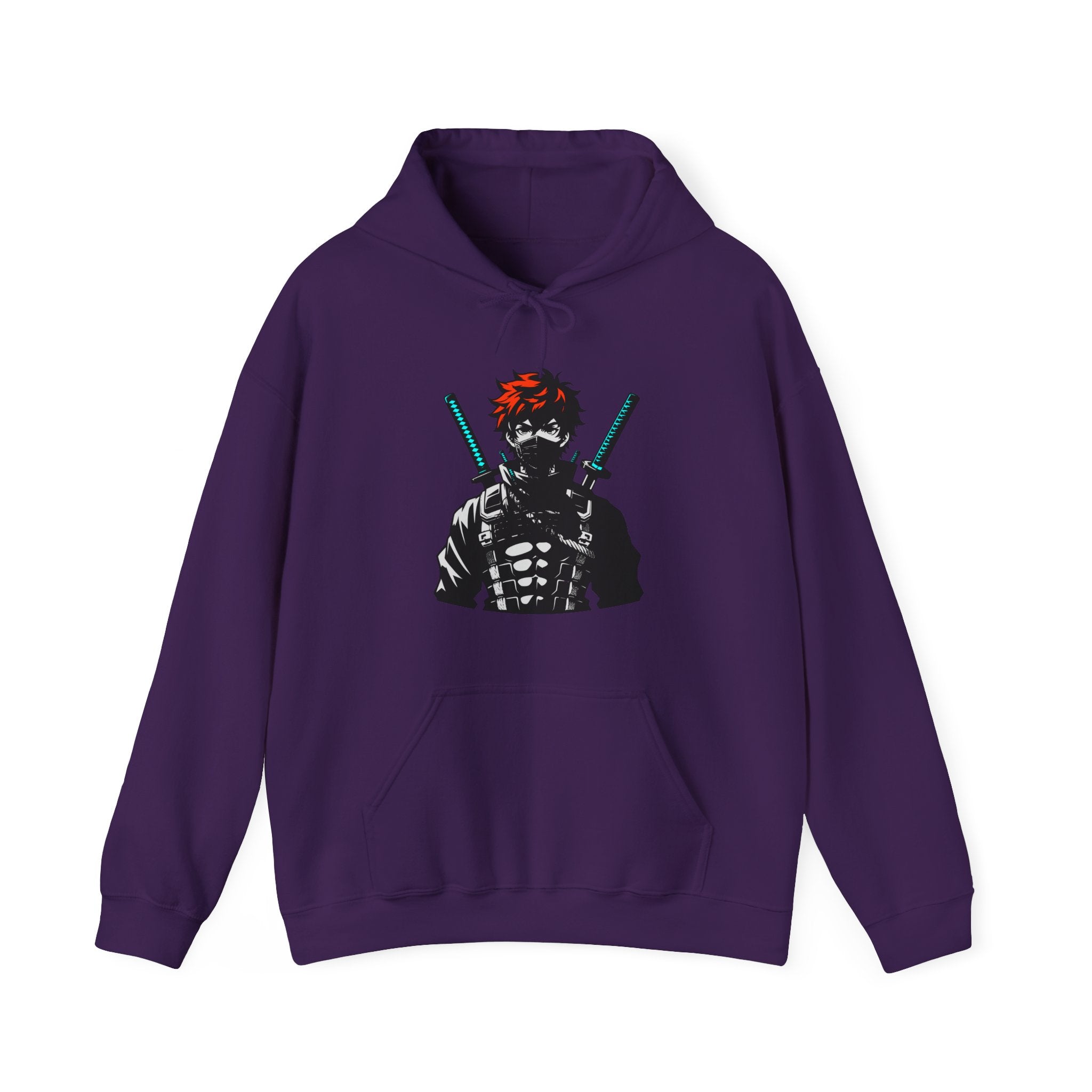 Purple hoodie with a graphic design of a character holding swords on a white background