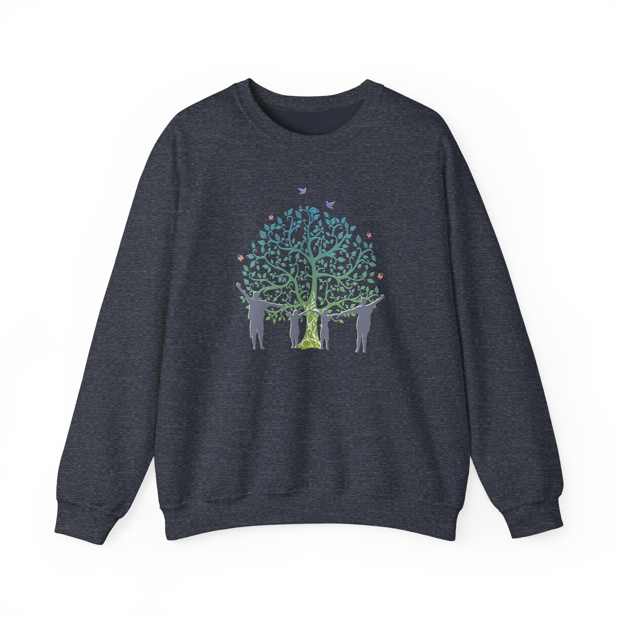 Dark navy sweatshirt with a tree and people design on a white background