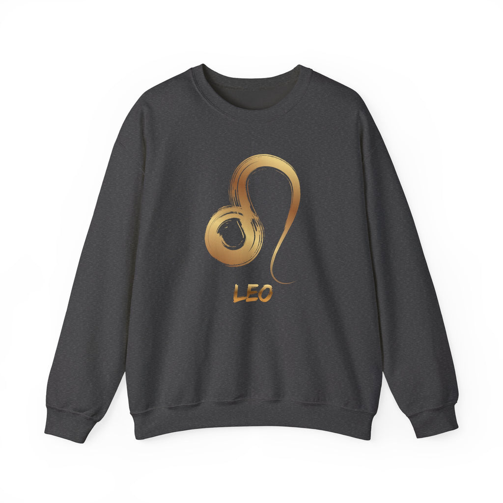 Dark grey sweatshirt with gold Leo zodiac symbol on a white background