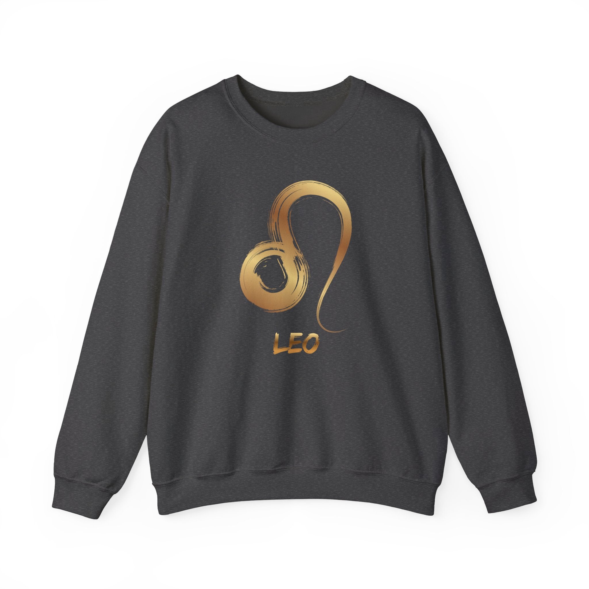 Dark grey sweatshirt with gold Leo zodiac symbol on a white background