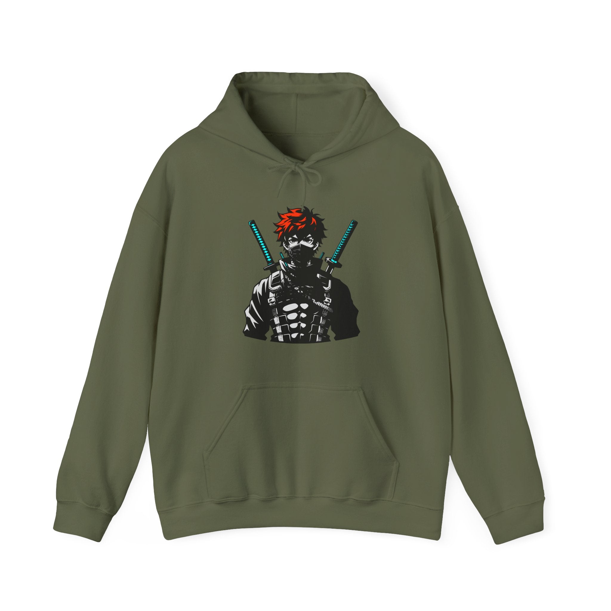 Military green hoodie with a graphic design of a character holding swords on a white background