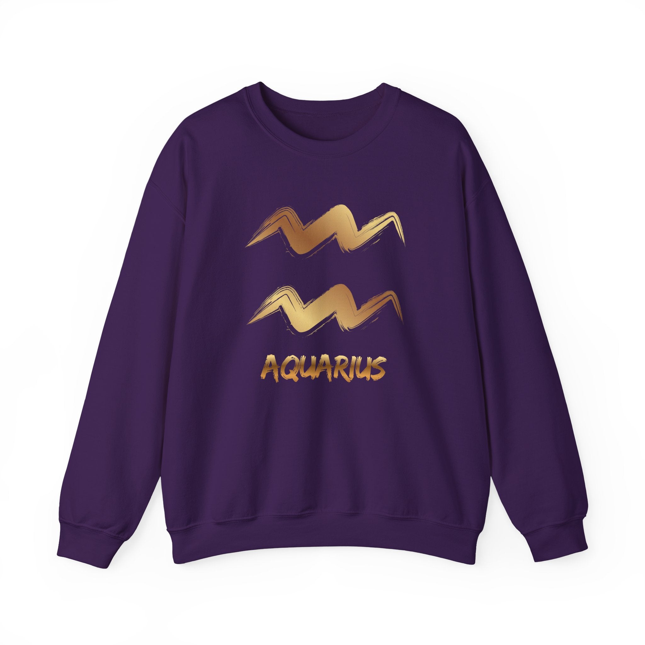 Purple sweatshirt with gold Aquarius design on a white background