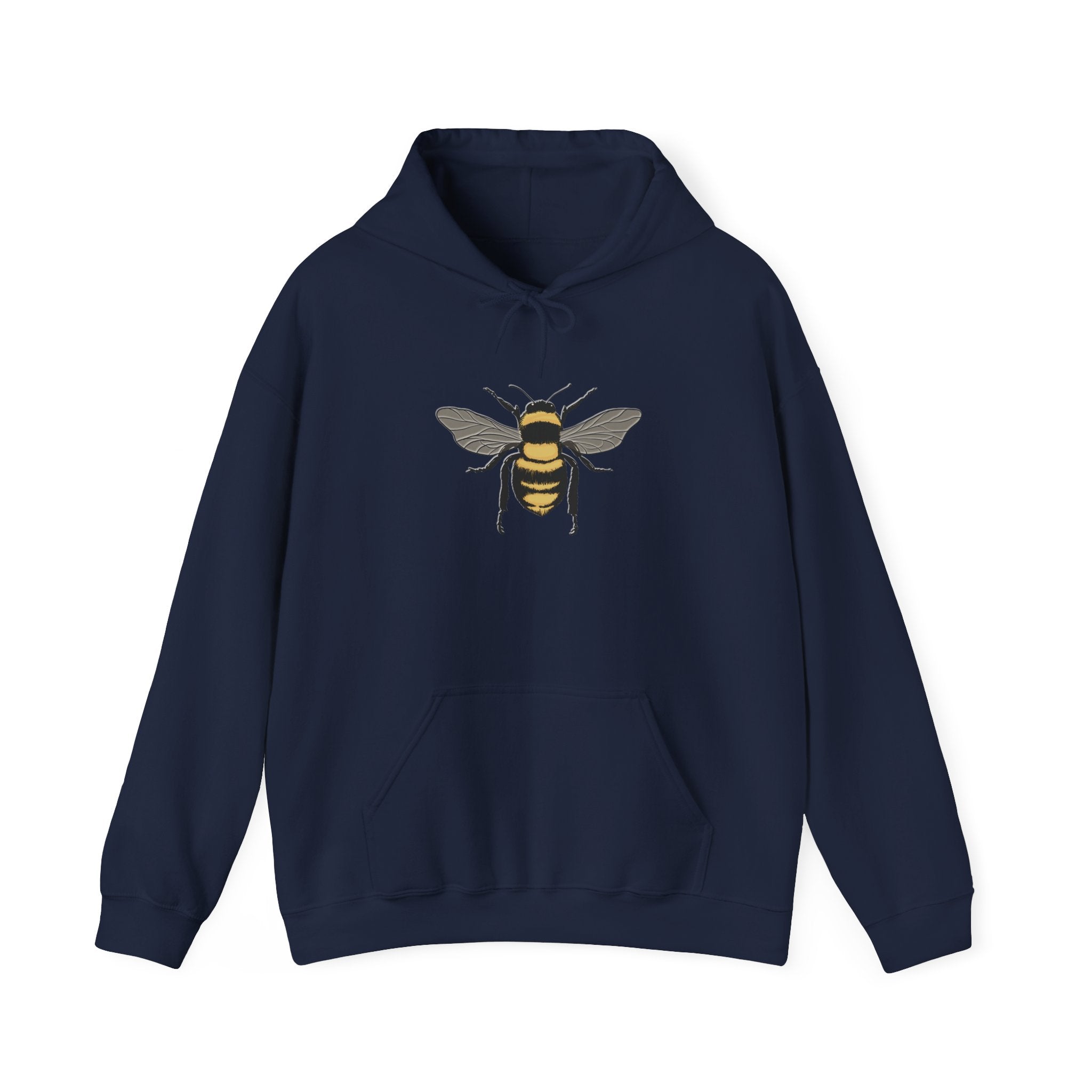 Navy blue hoodie with a bee design on a white background