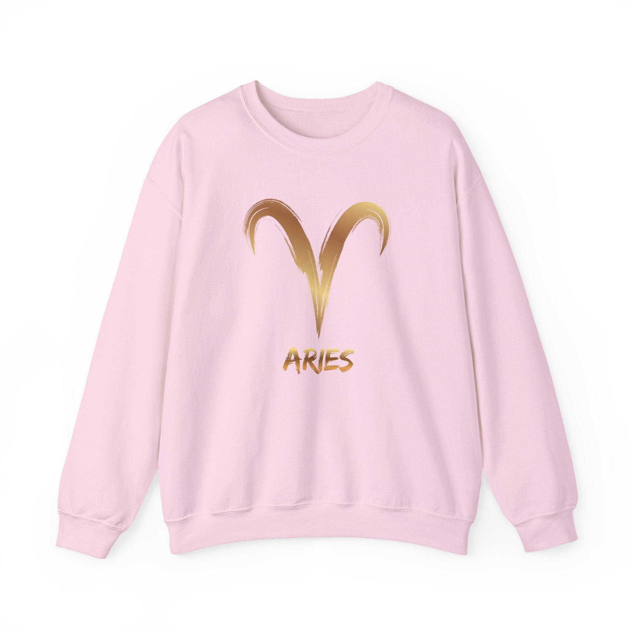 Pink sweatshirt with gold Aries symbol and text on a white background