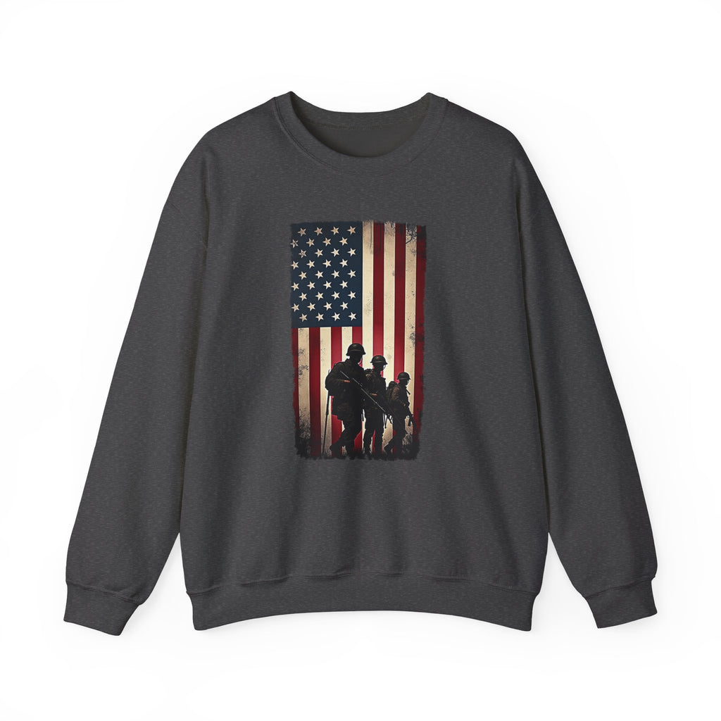 Dark gray sweatshirt with American flag and silhouette design on a white background