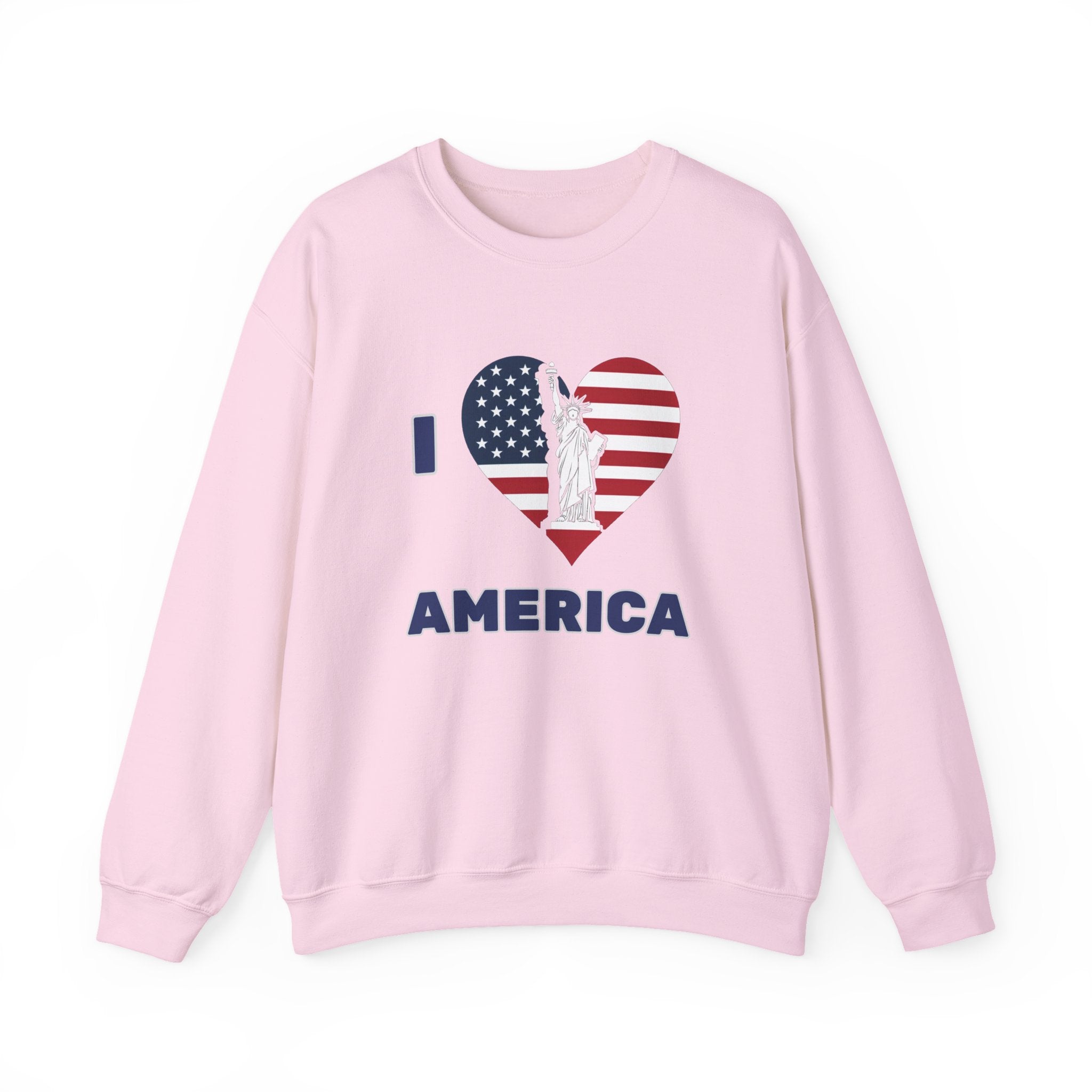 Pink sweatshirt with 'I ❤️ AMERICA' design featuring the Statue of Liberty on a white background