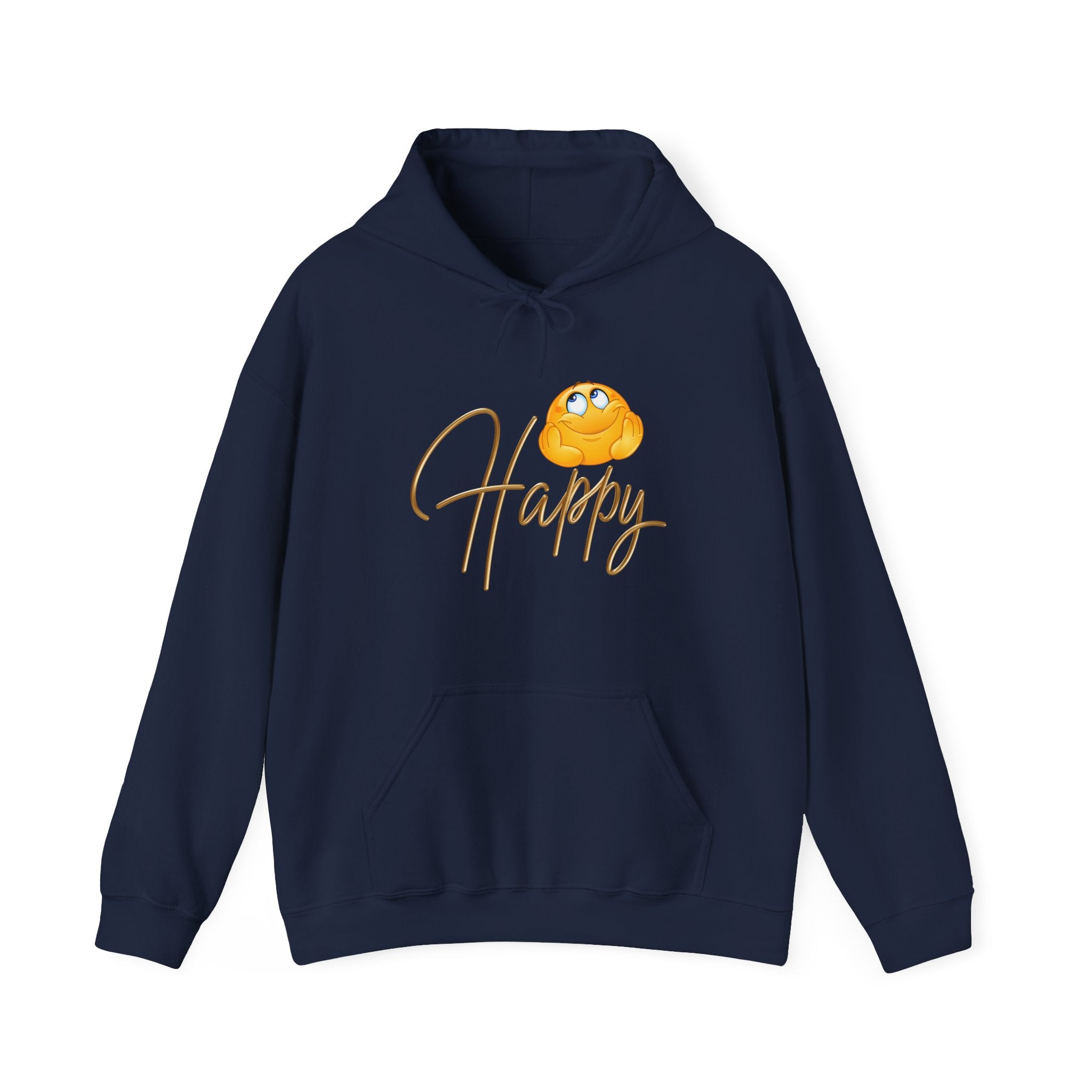 Navy blue hoodie with a yellow smiley face and 'Happy' text on a white background