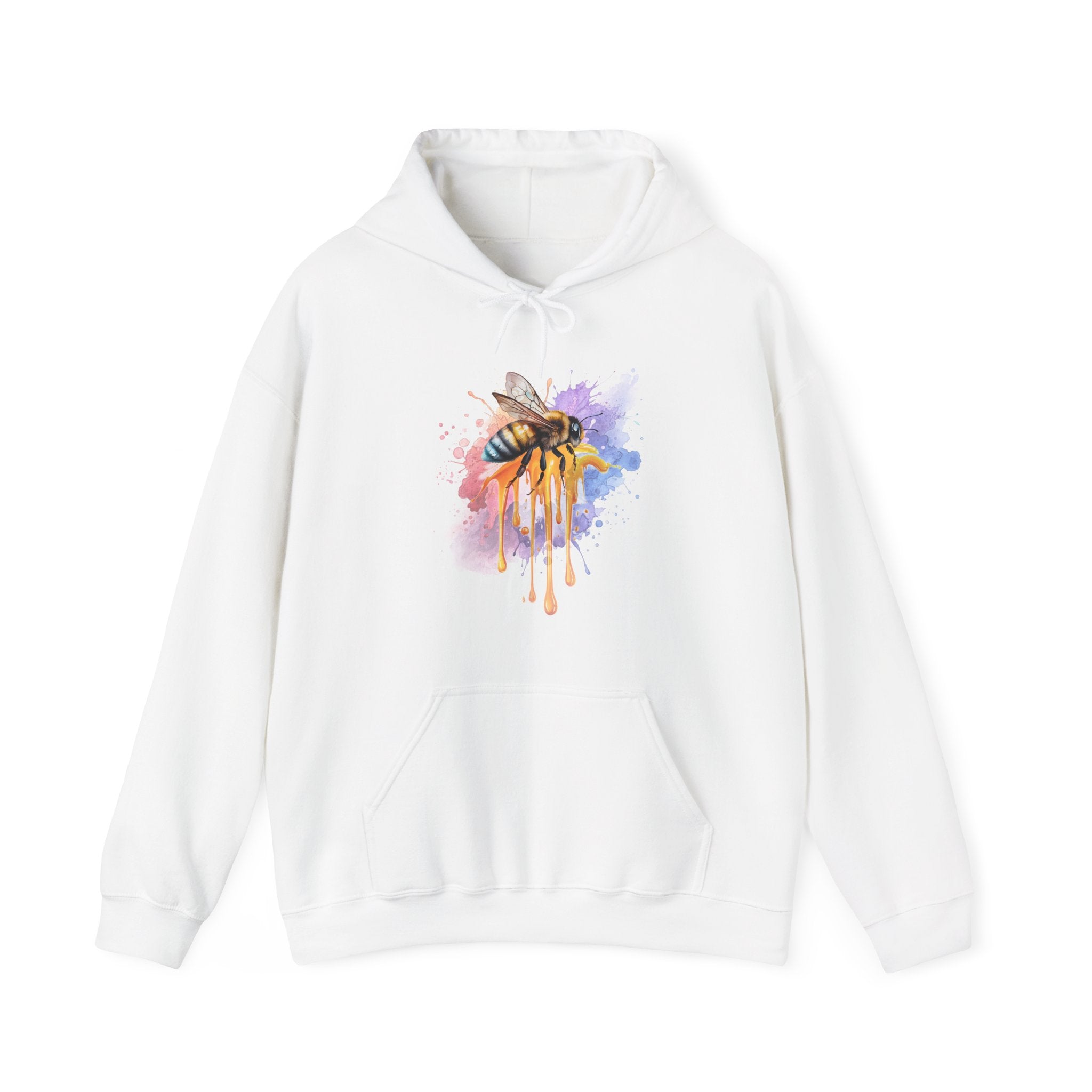White hoodie with a colorful bee design on a white background