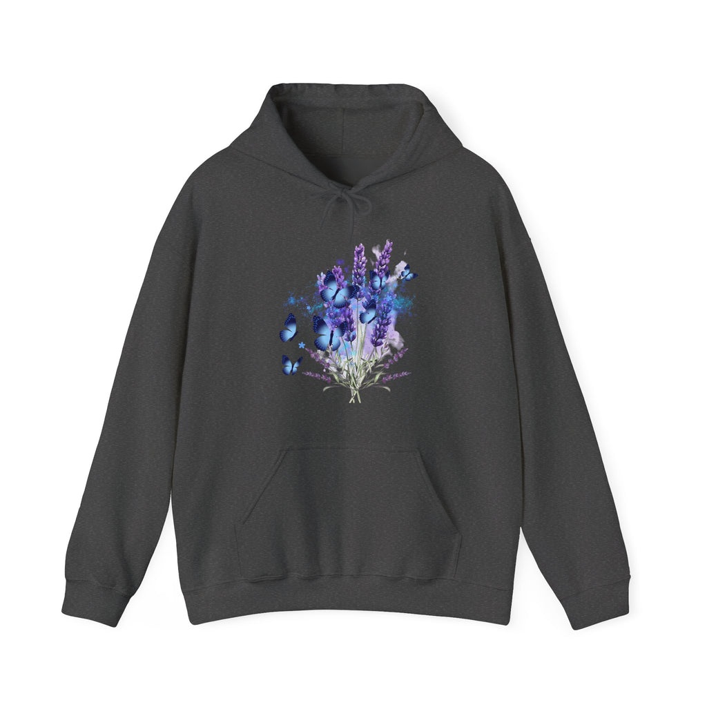 Dark gray hoodie with a floral design on a white background