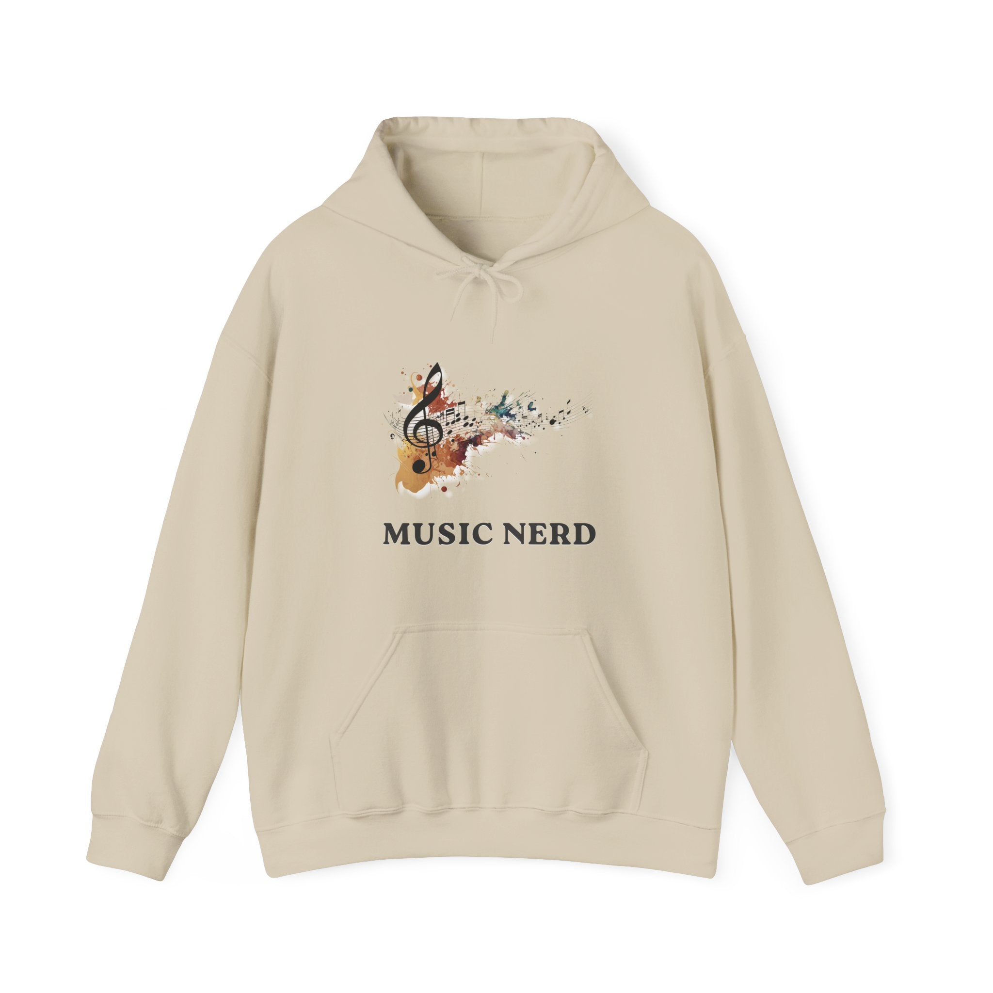 Beige hoodie with 'Music Nerd' design on a white background