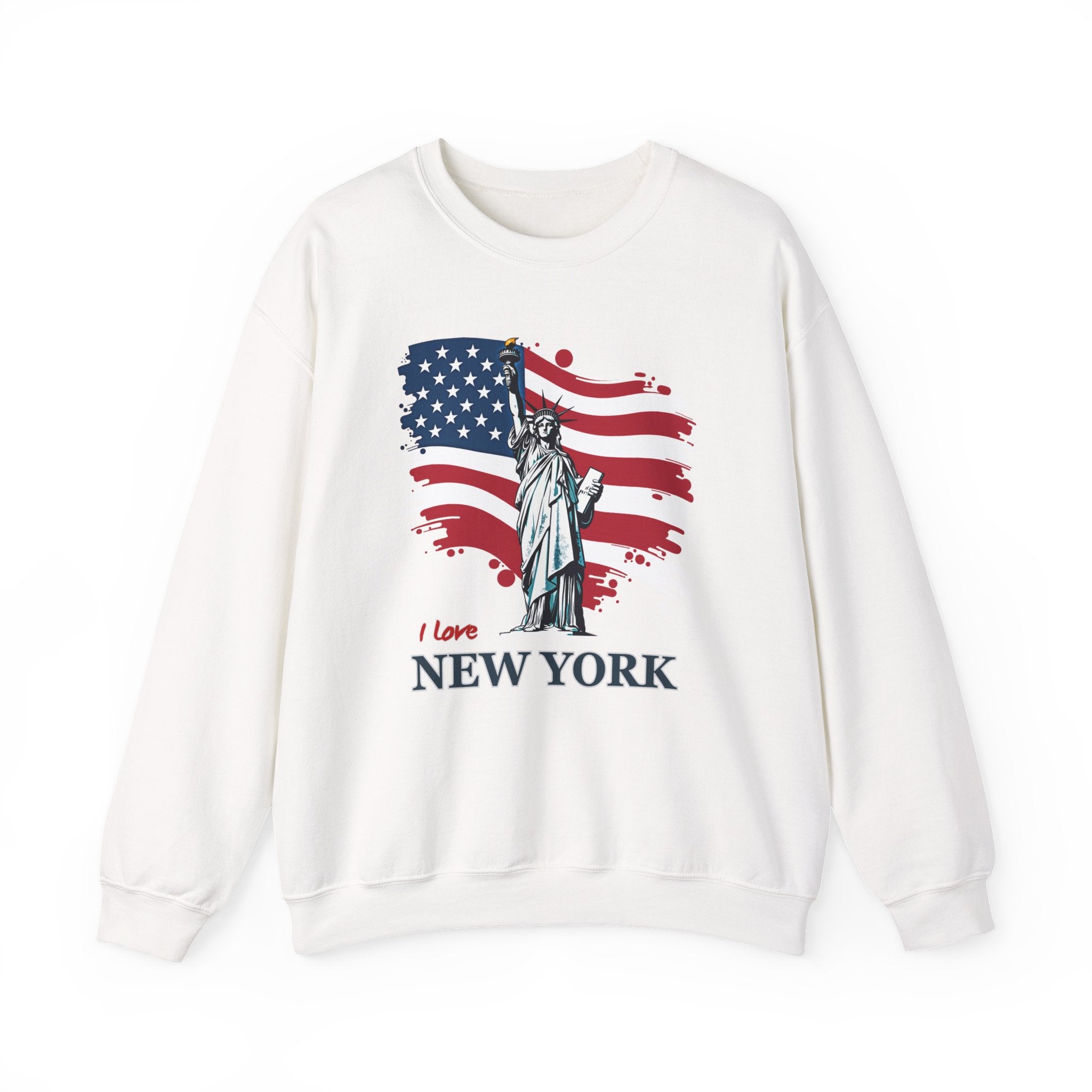 White sweatshirt with Statue of Liberty and American flag design on a white background