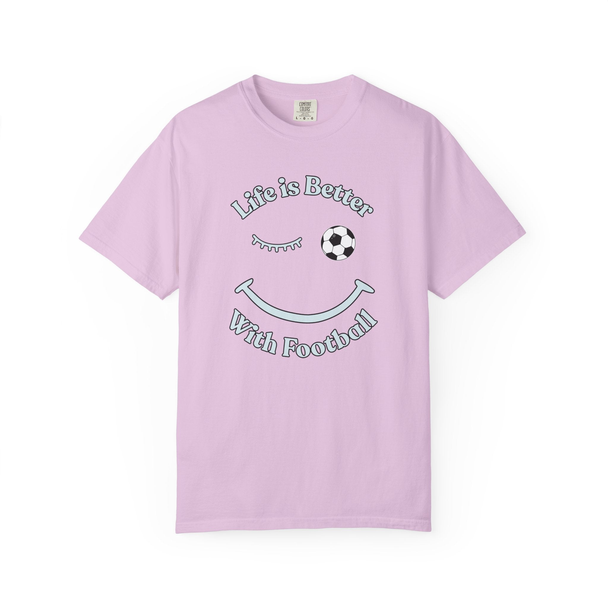 Pink t-shirt with 'Life is Better With Football' text and smiley face design on a white background