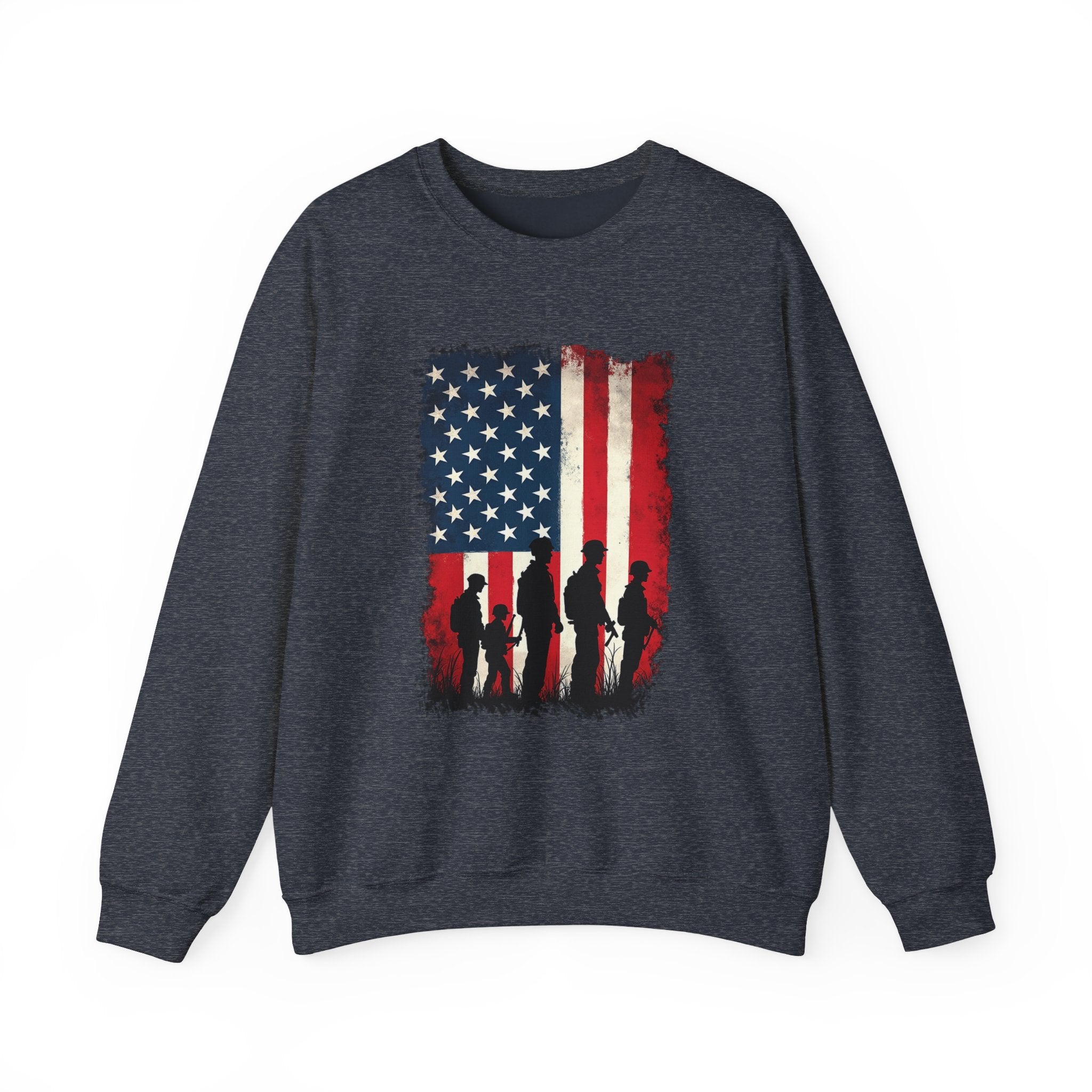 Gray sweatshirt with American flag and silhouette design on a white background