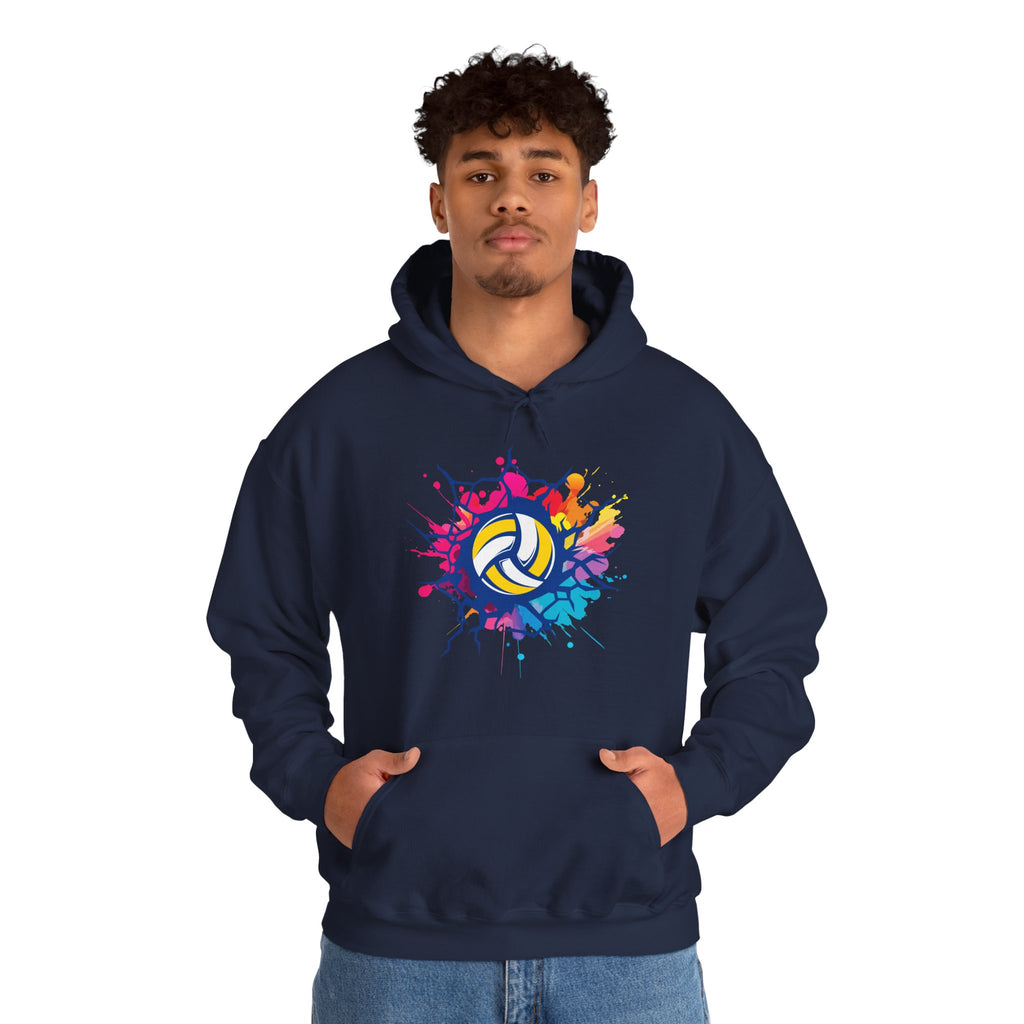 Person wearing a navy hoodie with a colorful volleyball design on a white background