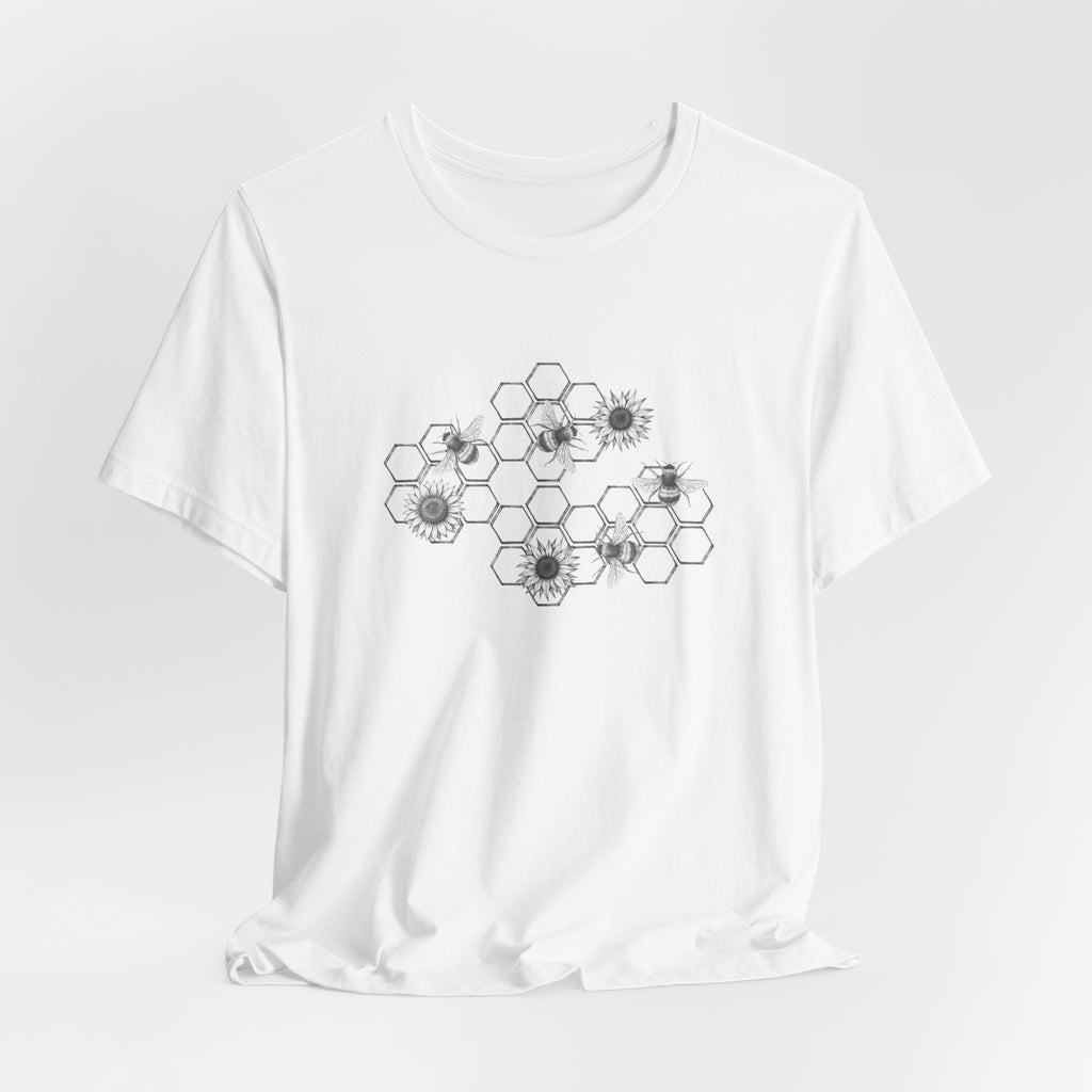 White t-shirt with black geometric flower pattern on a white background