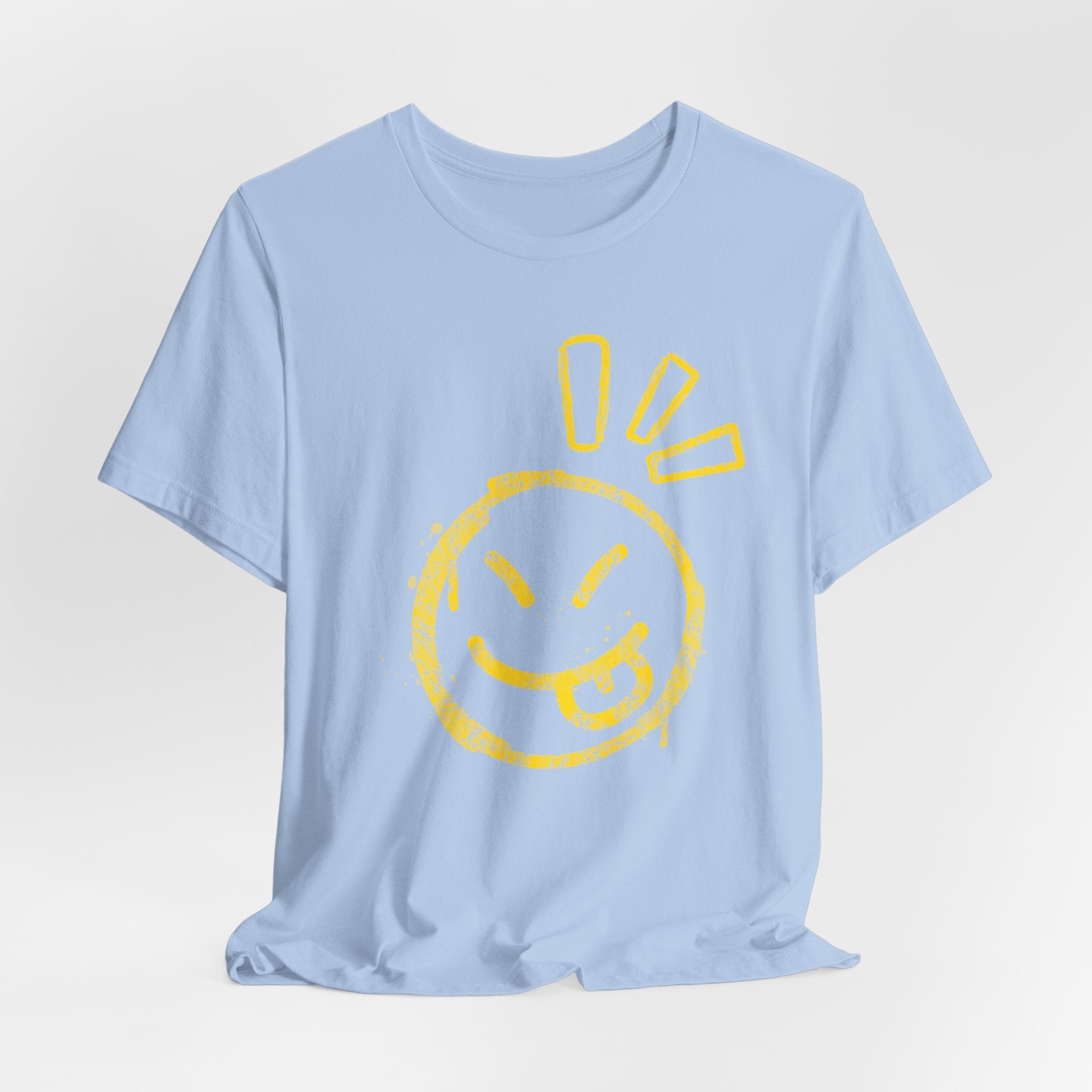 Light blue t-shirt with yellow smiley face design on a light gray background