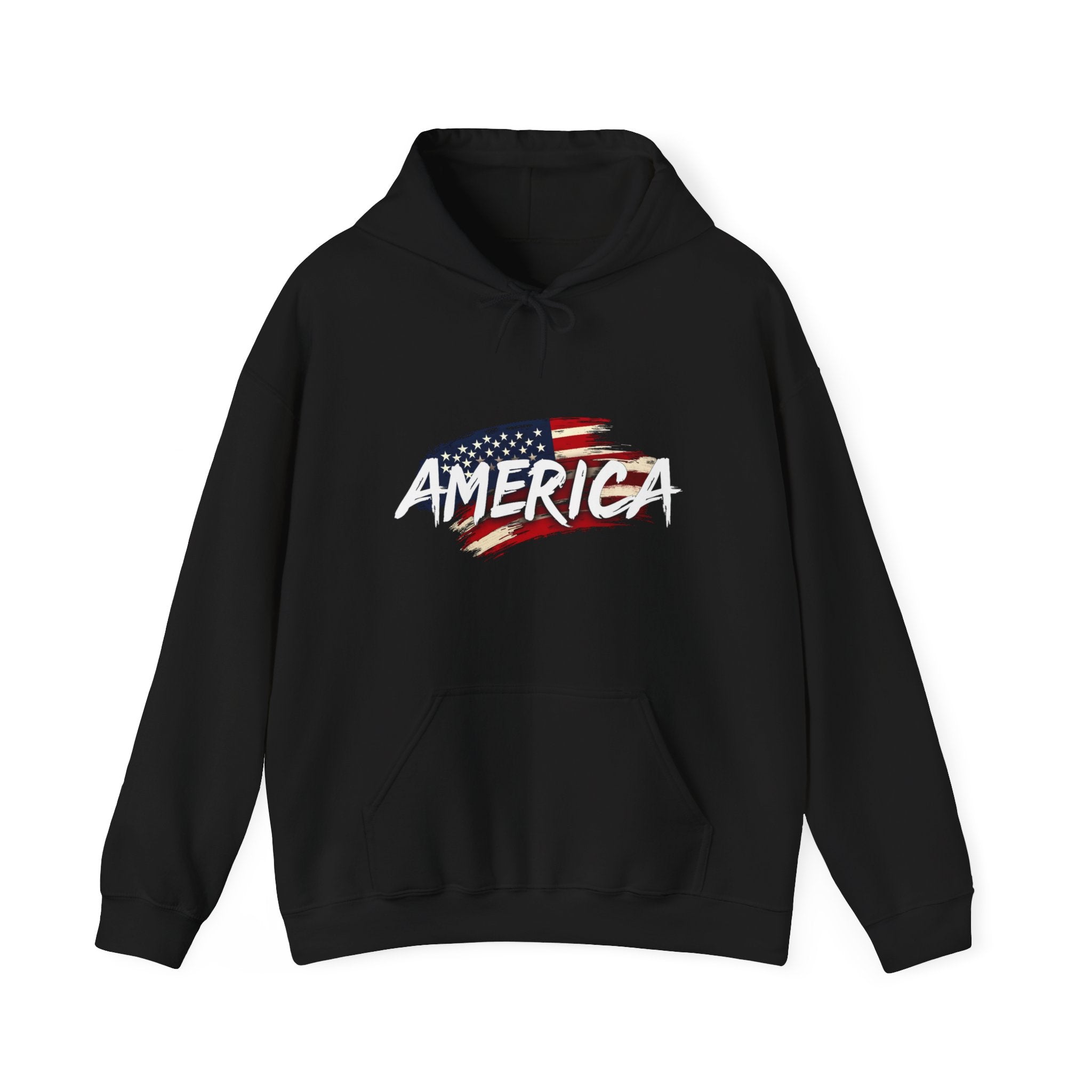 Black hoodie with 'America' and American flag design on a white background