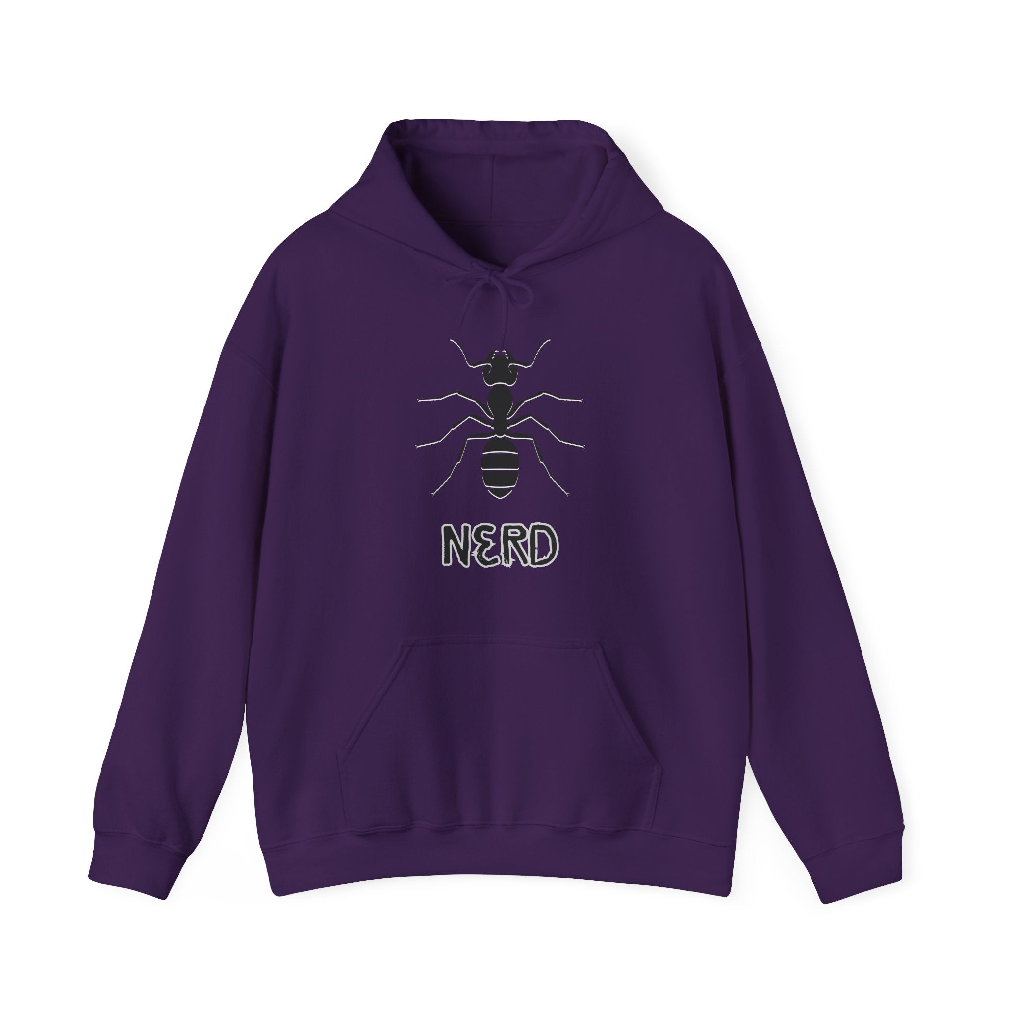Purple hoodie with ant and 'NERD' text design on a white background