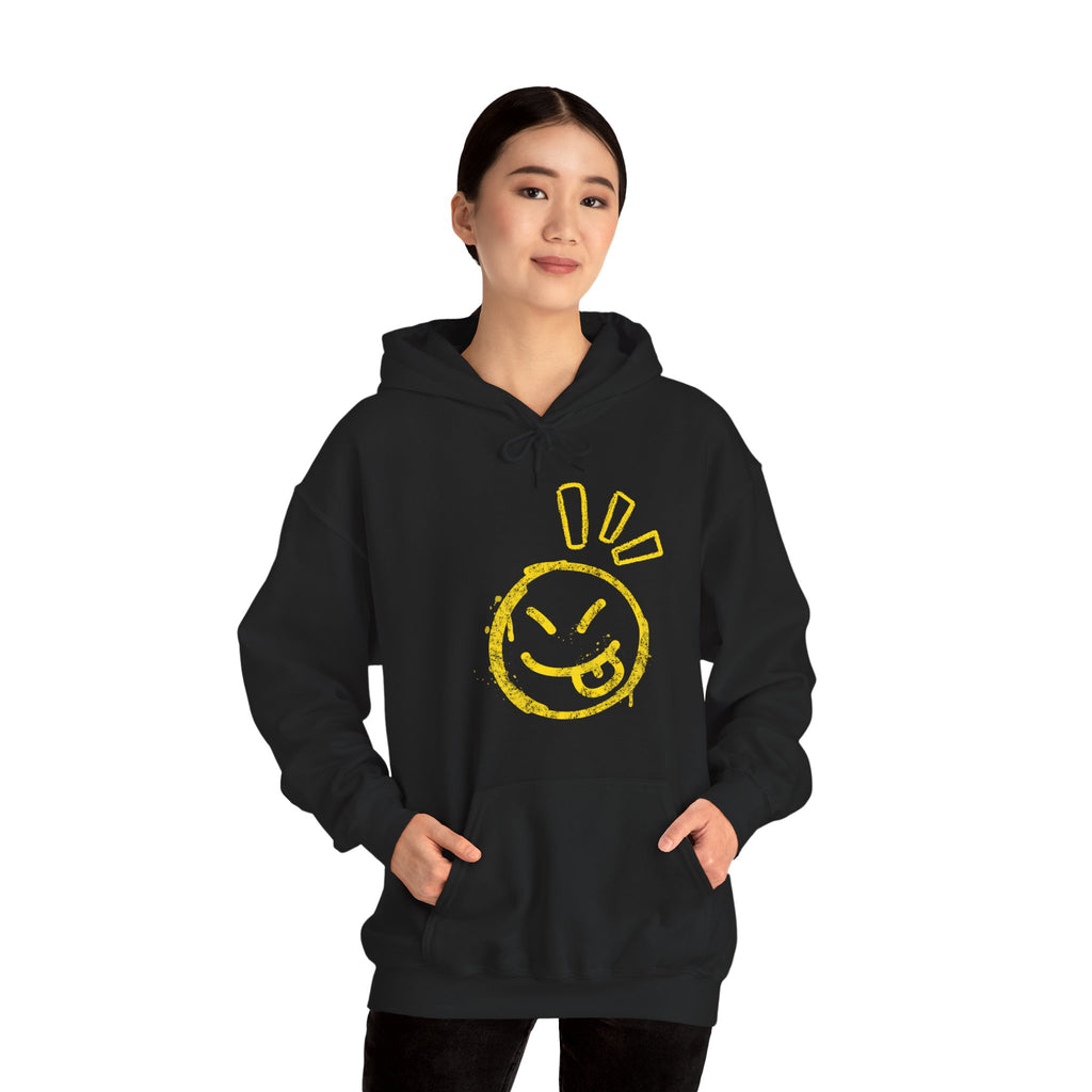 Person wearing a black hoodie with a graphic design on a white background