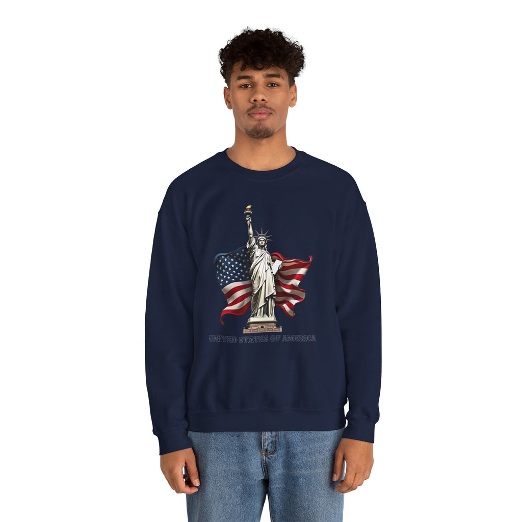 Person wearing a navy blue sweatshirt with a graphic of the Statue of Liberty and American flag on a white background