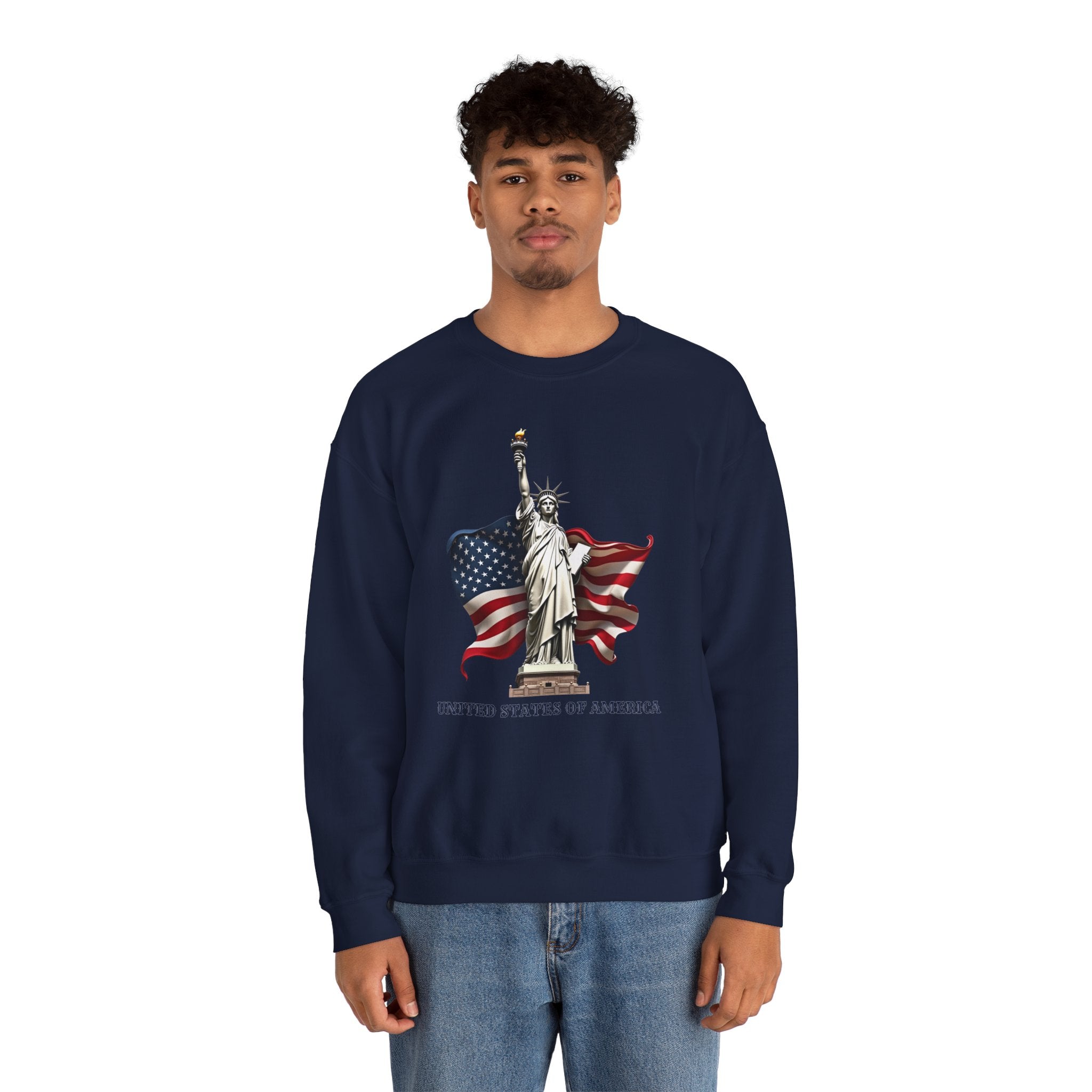 Person wearing a navy blue sweatshirt with a graphic of the Statue of Liberty and American flag on a white background