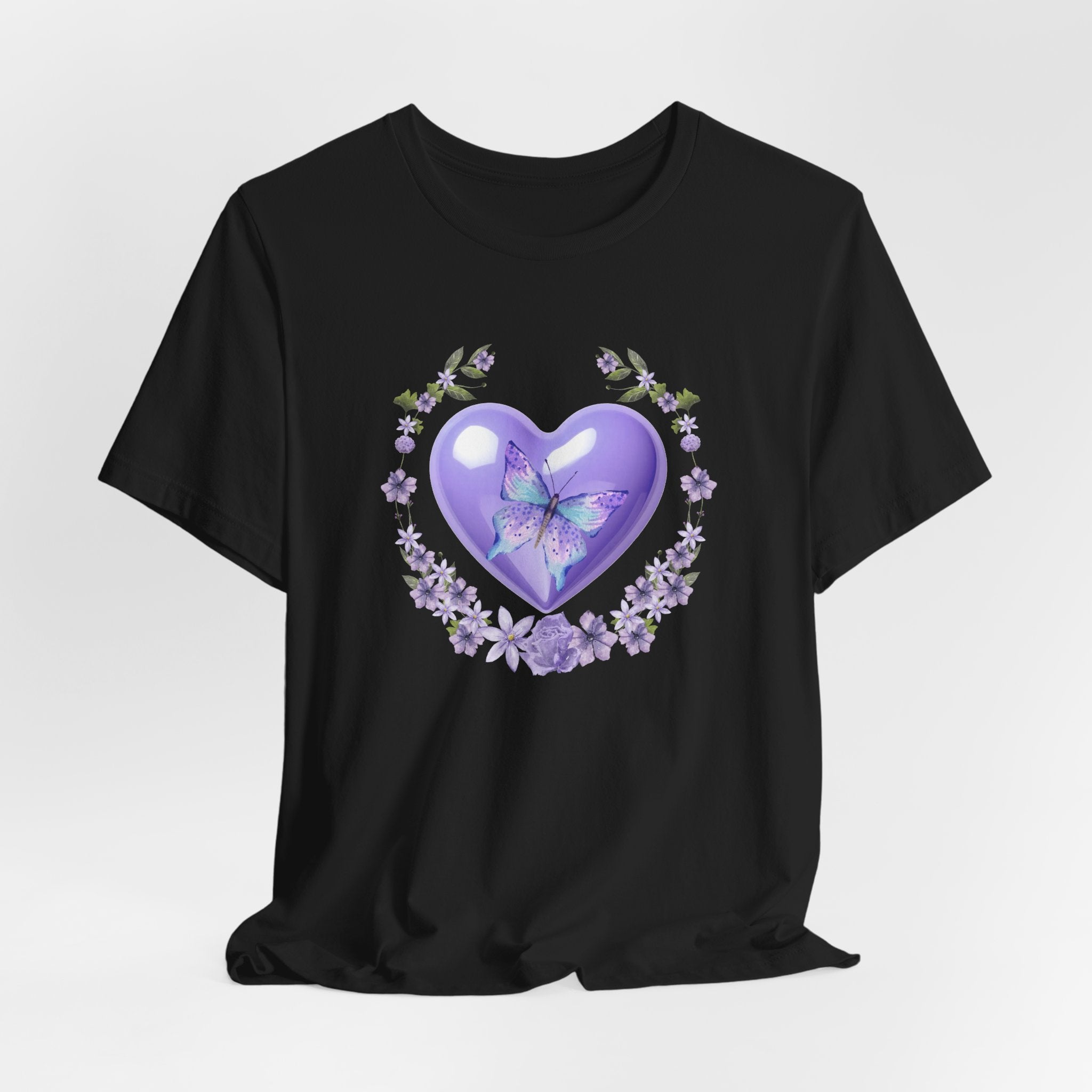 Black t-shirt with a purple heart and butterfly design on a white background