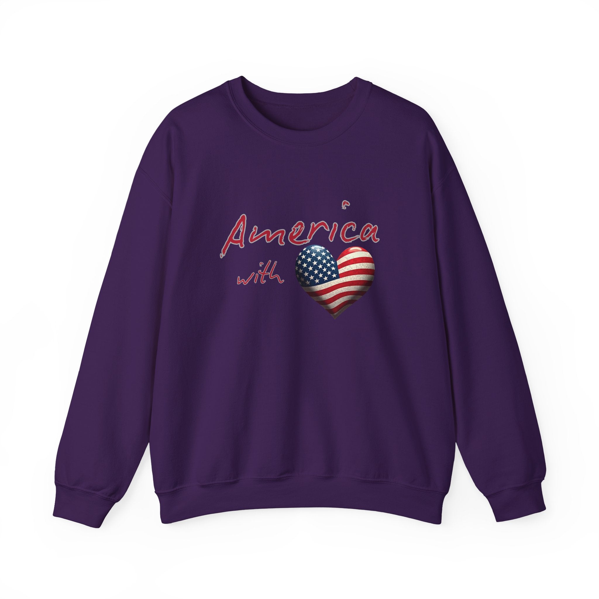 Purple sweatshirt with 'America with a heart' design on a white background