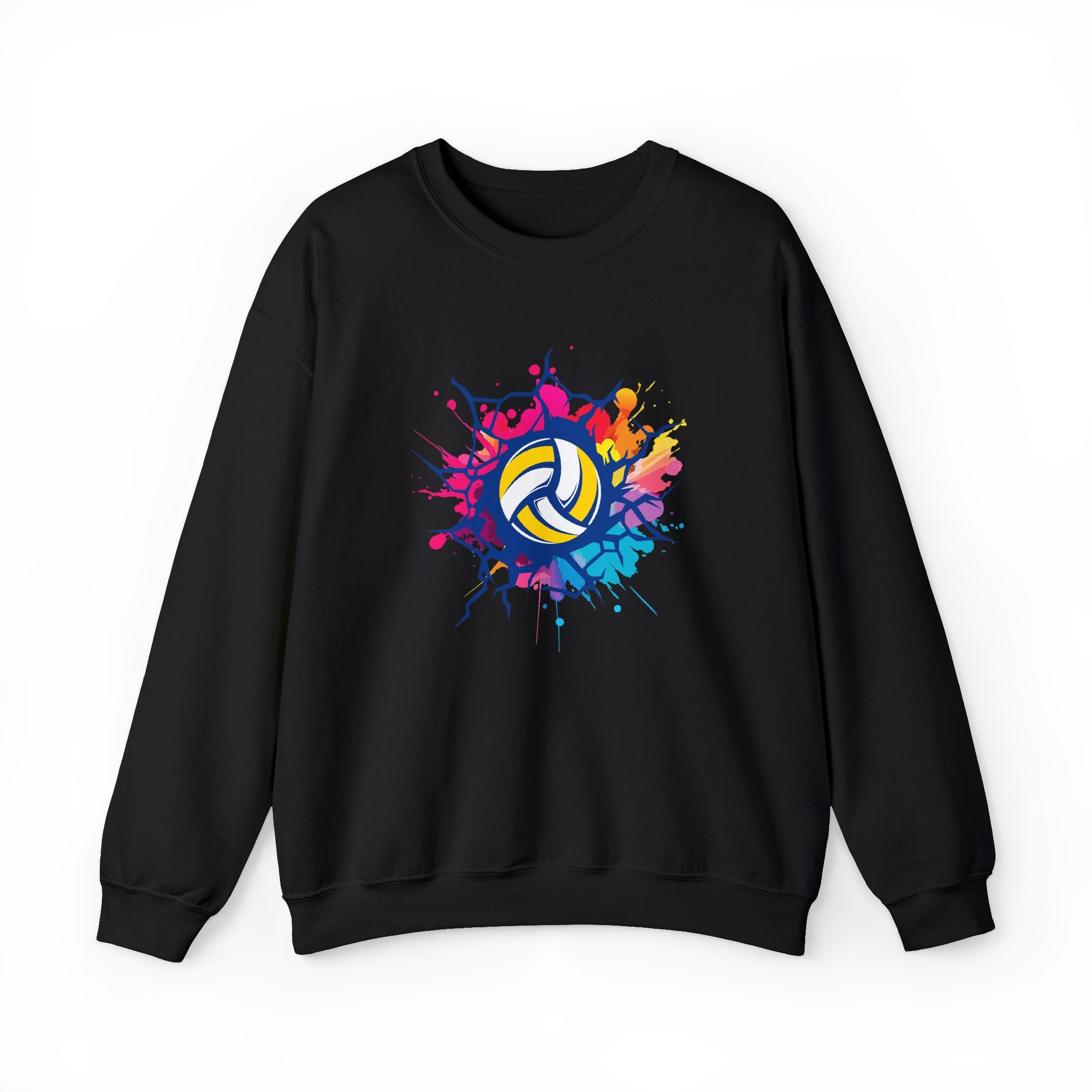 Black sweatshirt with colorful volleyball design on a white background