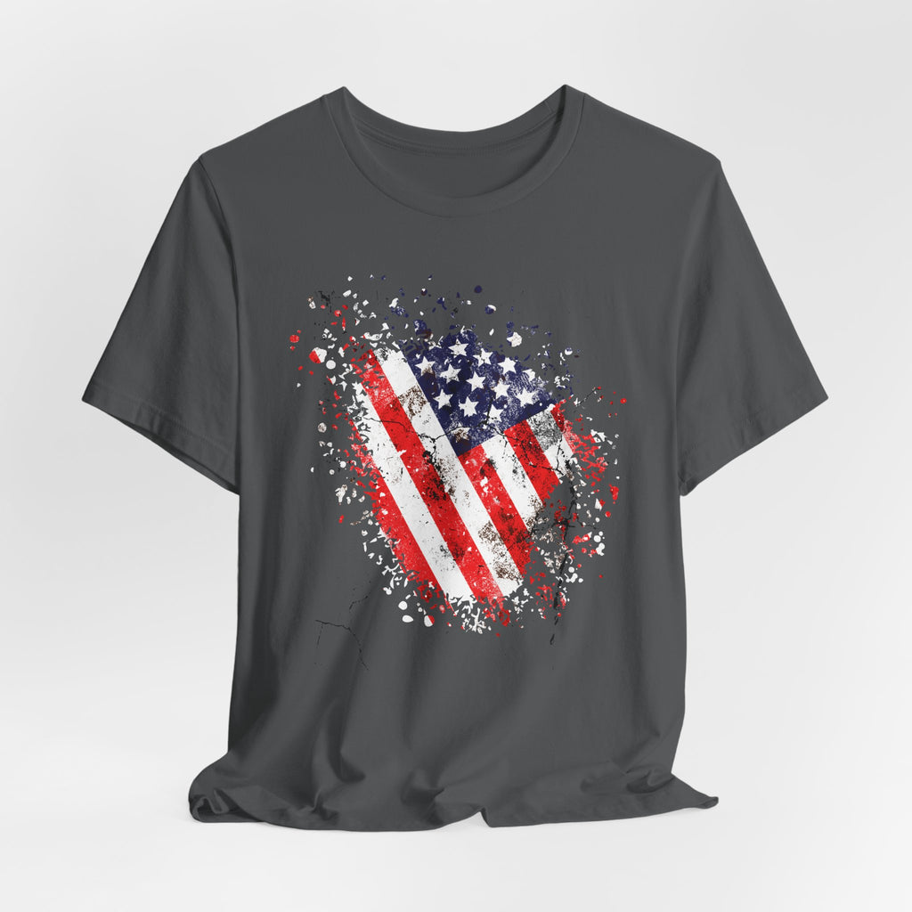 Gray t-shirt with American flag graphic on a light gray background
