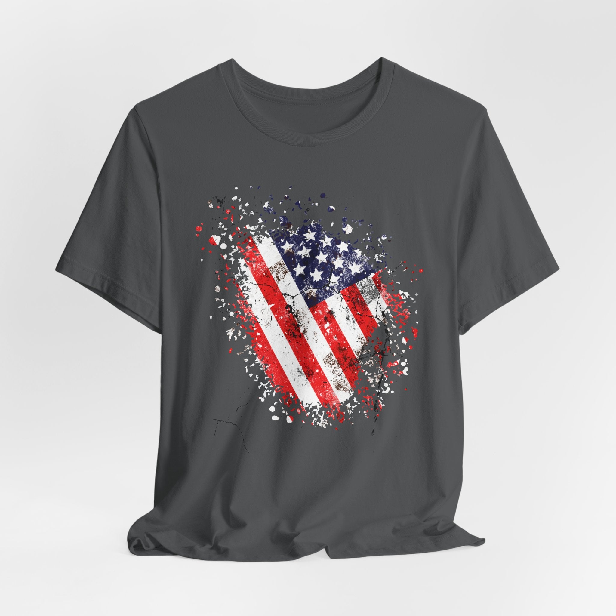 Gray t-shirt with American flag graphic on a light gray background
