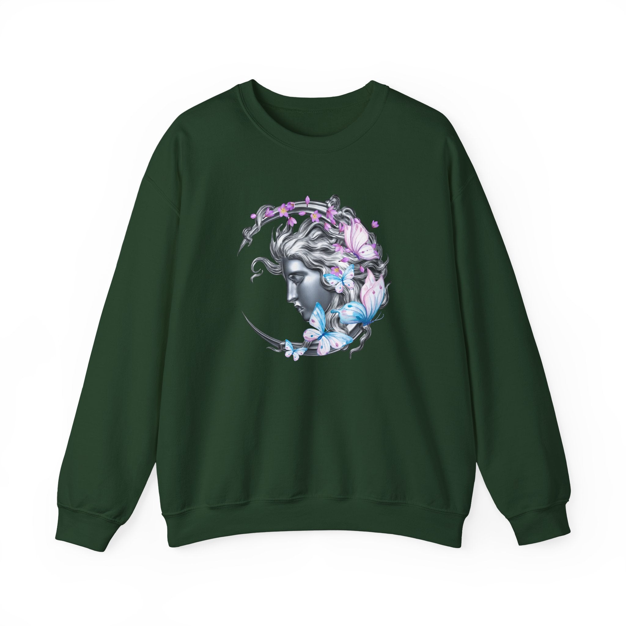 Black sweatshirt with a graphic design of a woman's face surrounded by butterflies on a white background